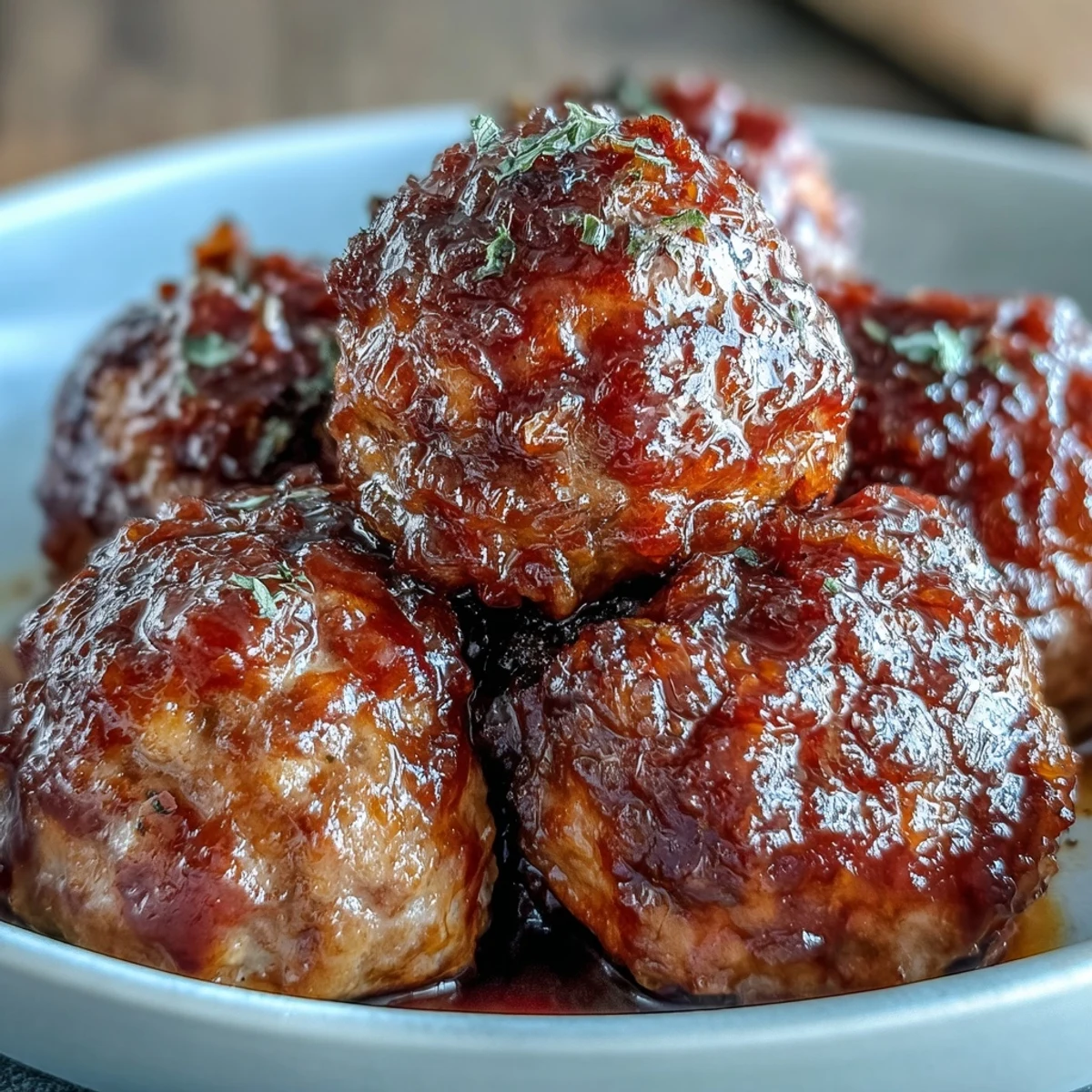 Slow Cooker Peach Glazed Meatballs served on a platter with toothpicks, glazed in a sweet and tangy sauce for an appetizer.