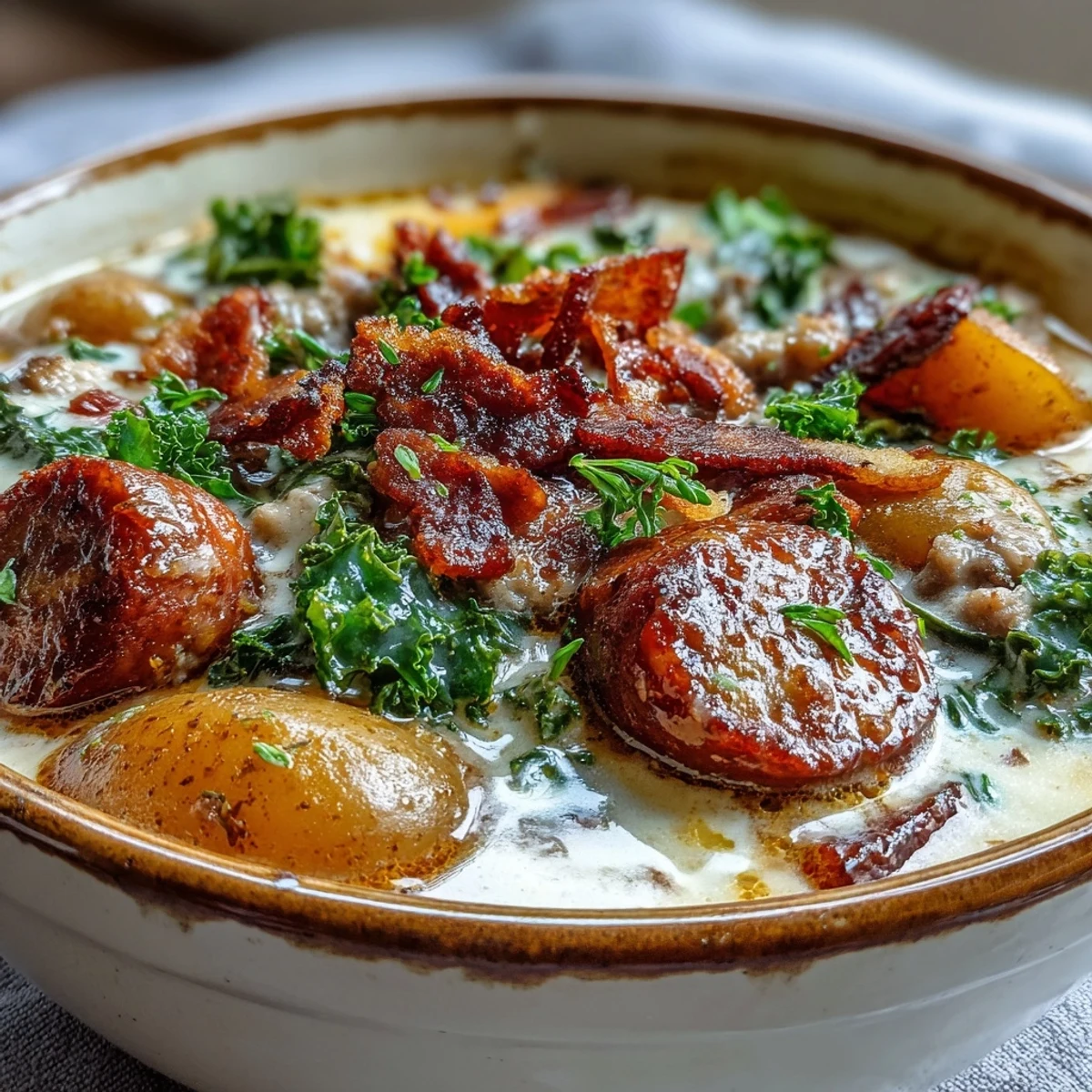 Creamy Italian Sausage Soup with kale and tender potatoes, served hot in a rustic bowl.