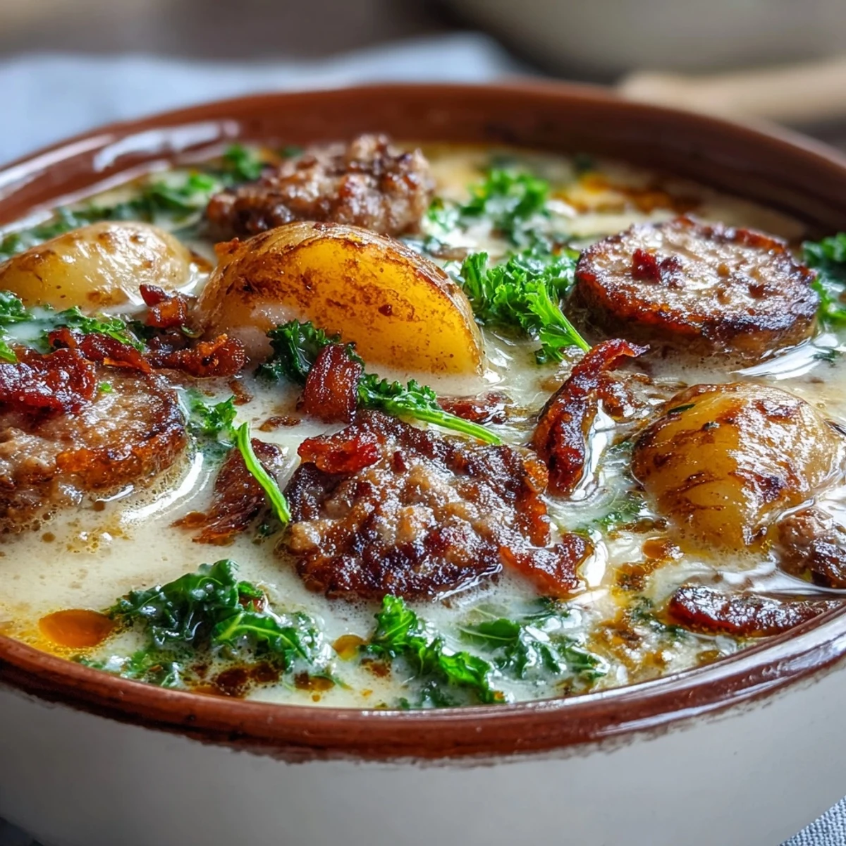 Savory Italian Sausage Soup simmering with bacon, potatoes, and kale, ready to serve with crusty bread.