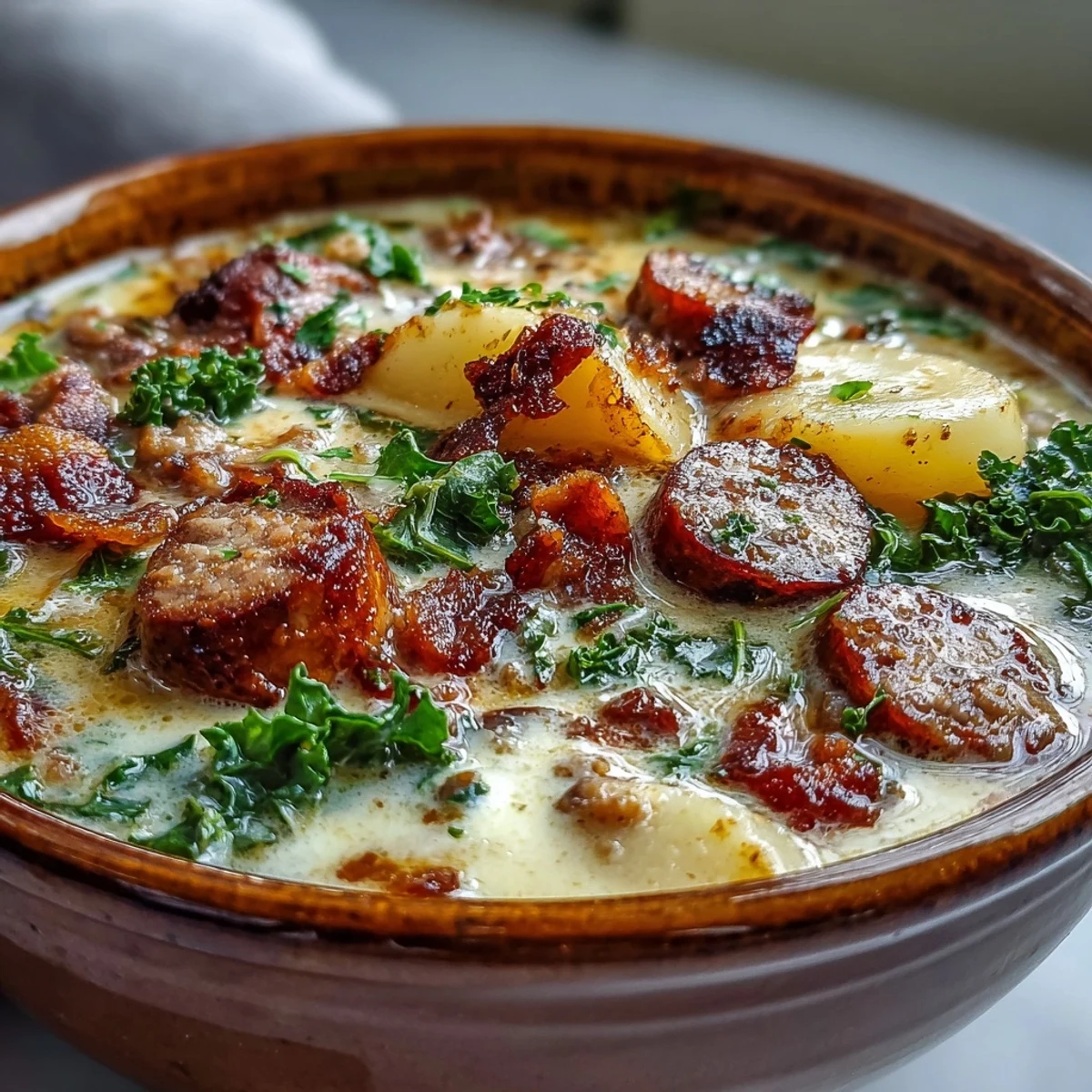 Close-up of rich Italian Sausage Soup with sausage crumbles, kale, and a drizzle of cream.