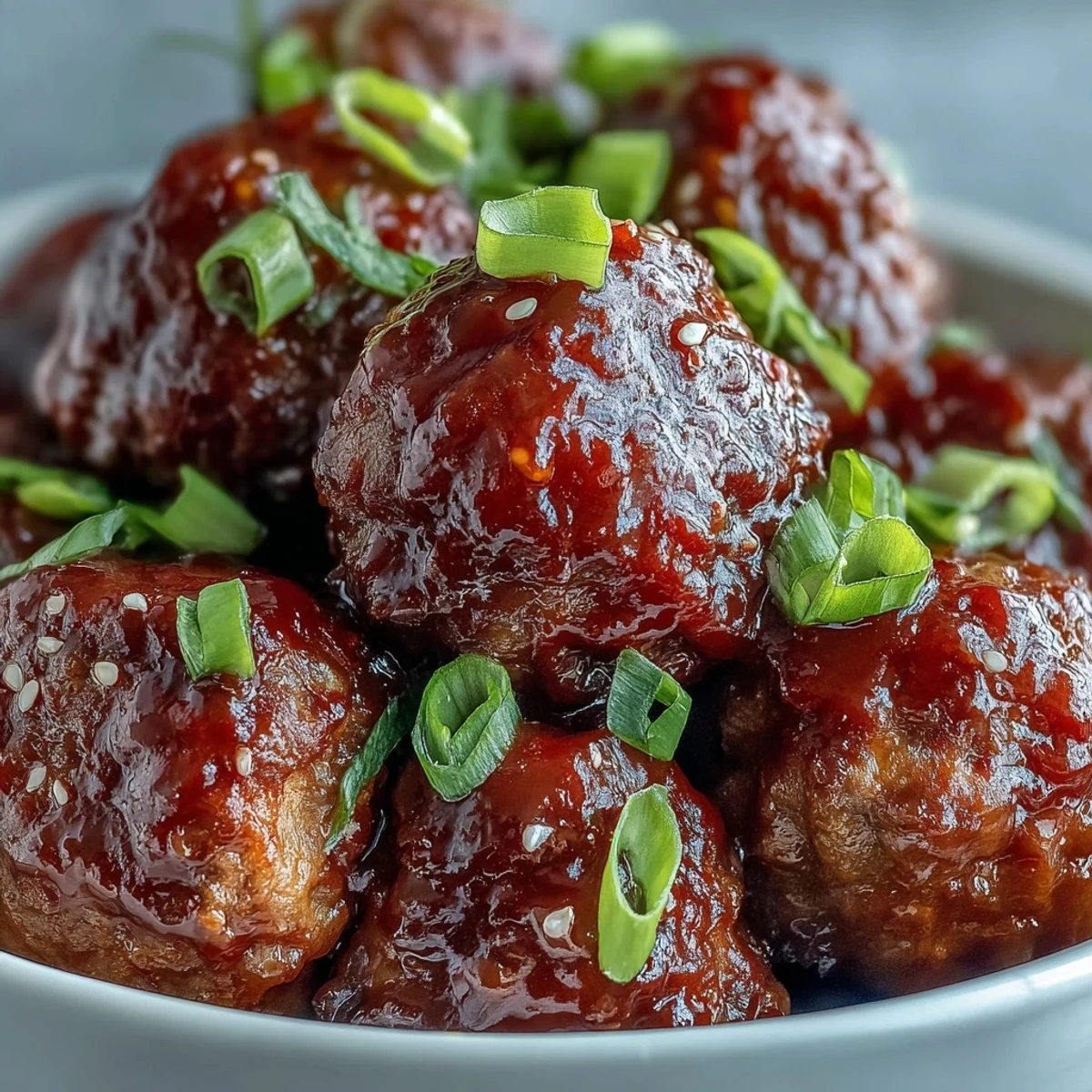 Easy Sweet and Sour Crock Pot Meatballs simmered in a glossy, tangy sauce, served steaming hot and garnished with fresh green onions for a party appetizer.