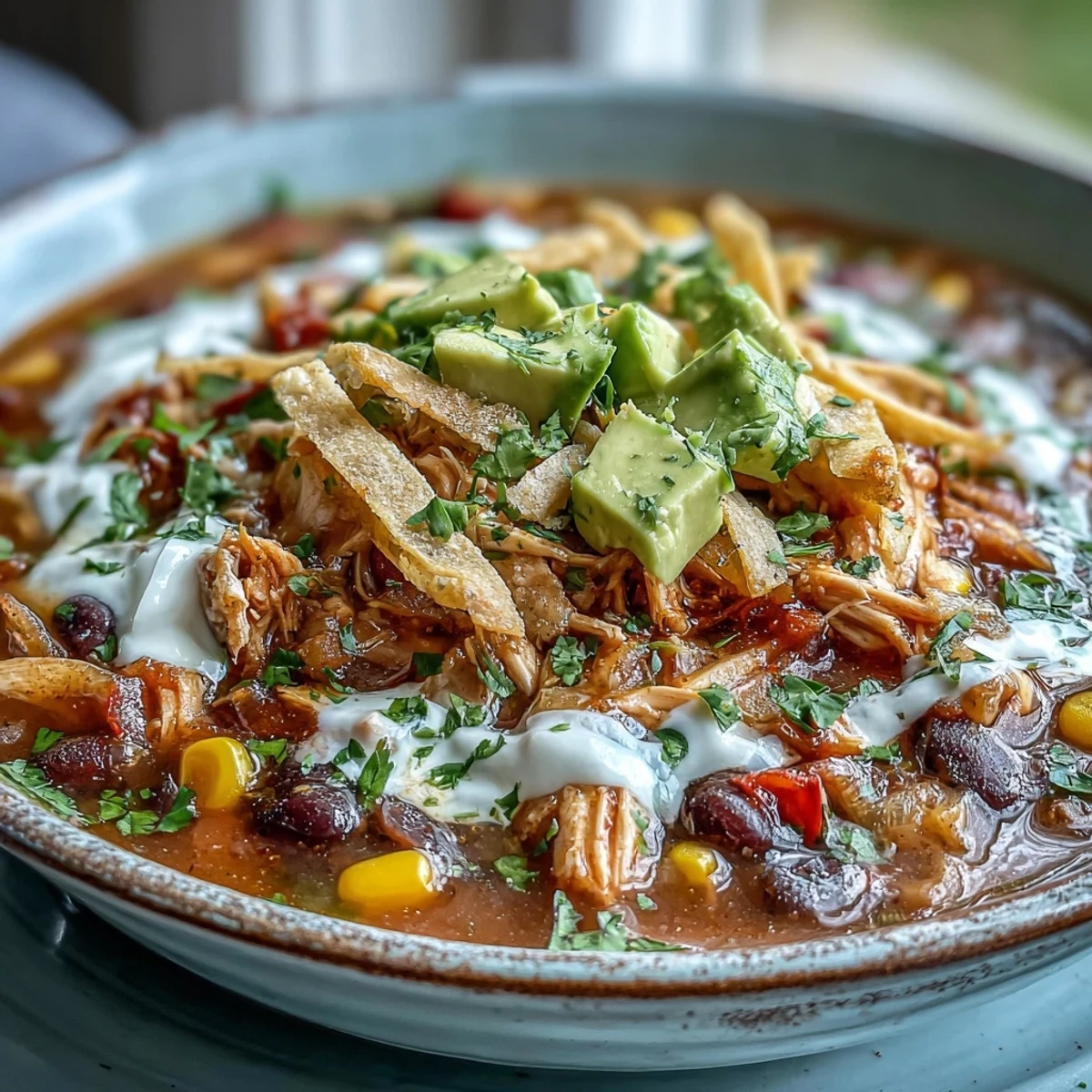 Festive bowl of Instant Pot Chicken Tortilla Soup topped with avocado, cilantro, and crunchy tortilla strips.