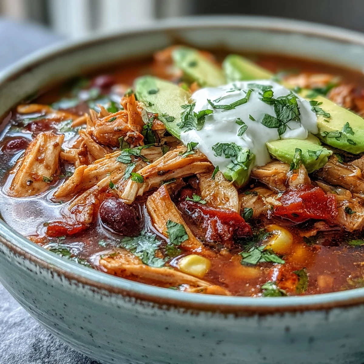 Instant Pot Chicken Tortilla Soup simmering with corn, black beans, and red bell pepper in a rich broth.