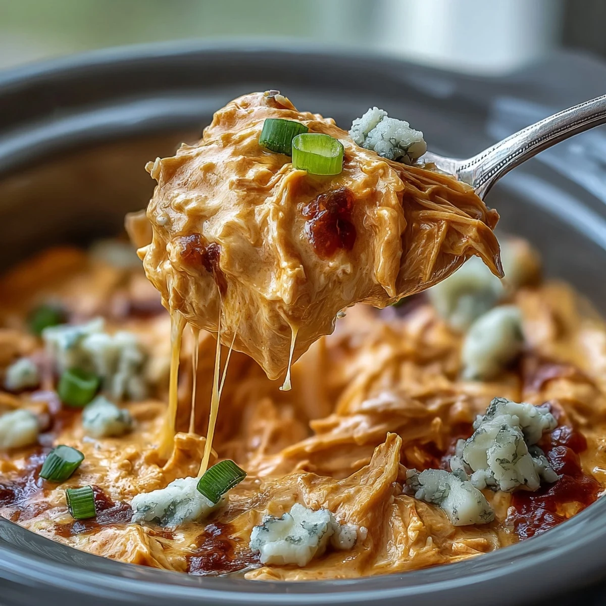 Creamy Crock Pot Buffalo Chicken Dip Soup simmered in a slow cooker with shredded chicken and melty cheddar.