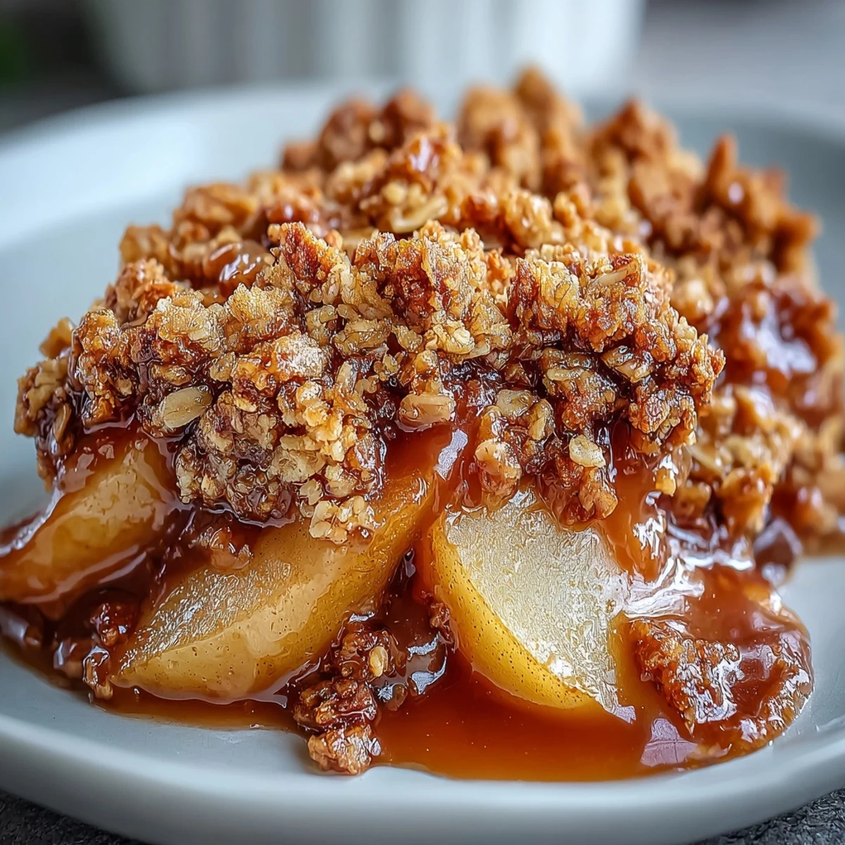 Juicy baked pears beneath a golden, crunchy oat crumble topping, served warm with a melting scoop of vanilla ice cream.