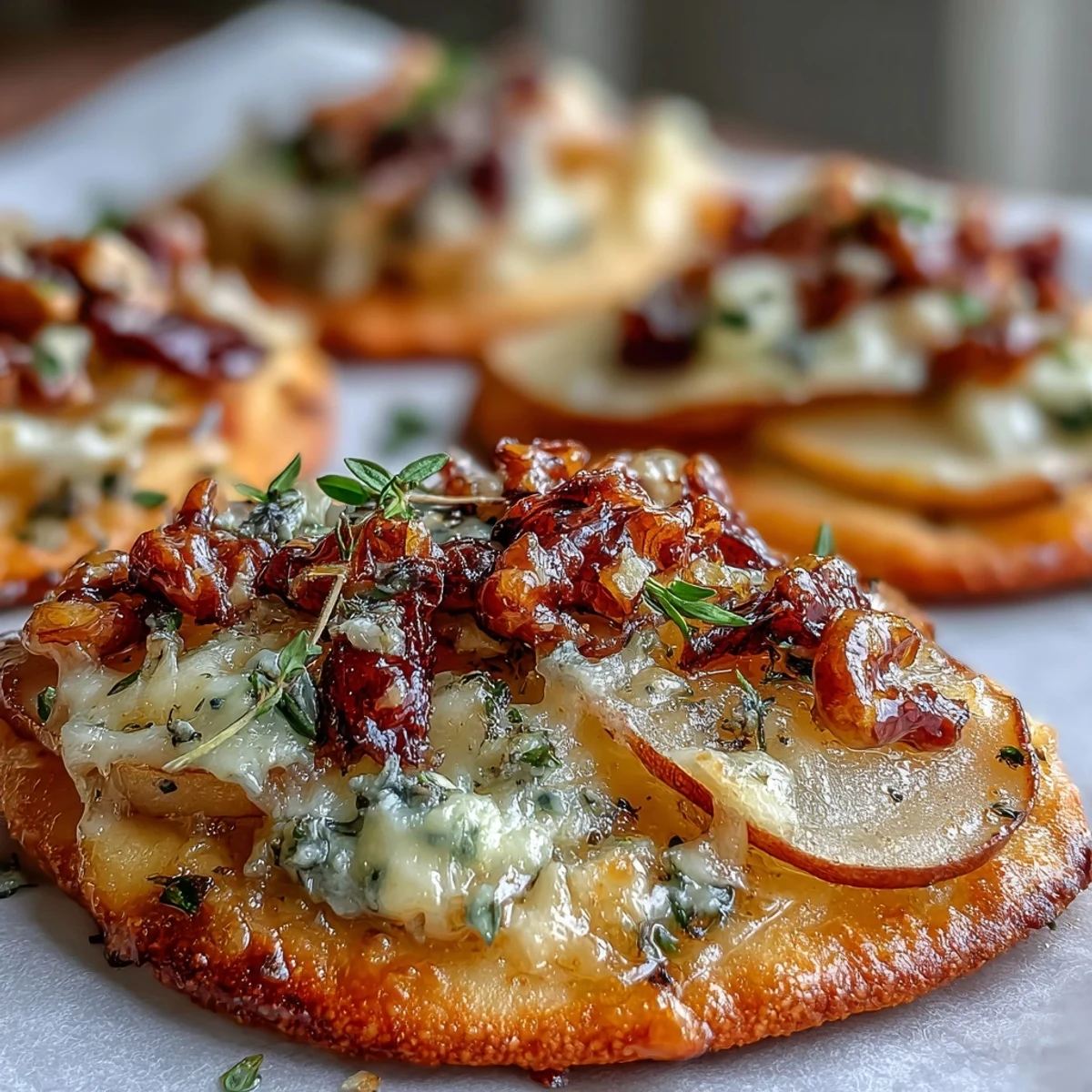 Golden-brown mini pizzettes topped with sweet pear slices, creamy Gorgonzola, and tangy pickled walnuts, served warm from the oven.  