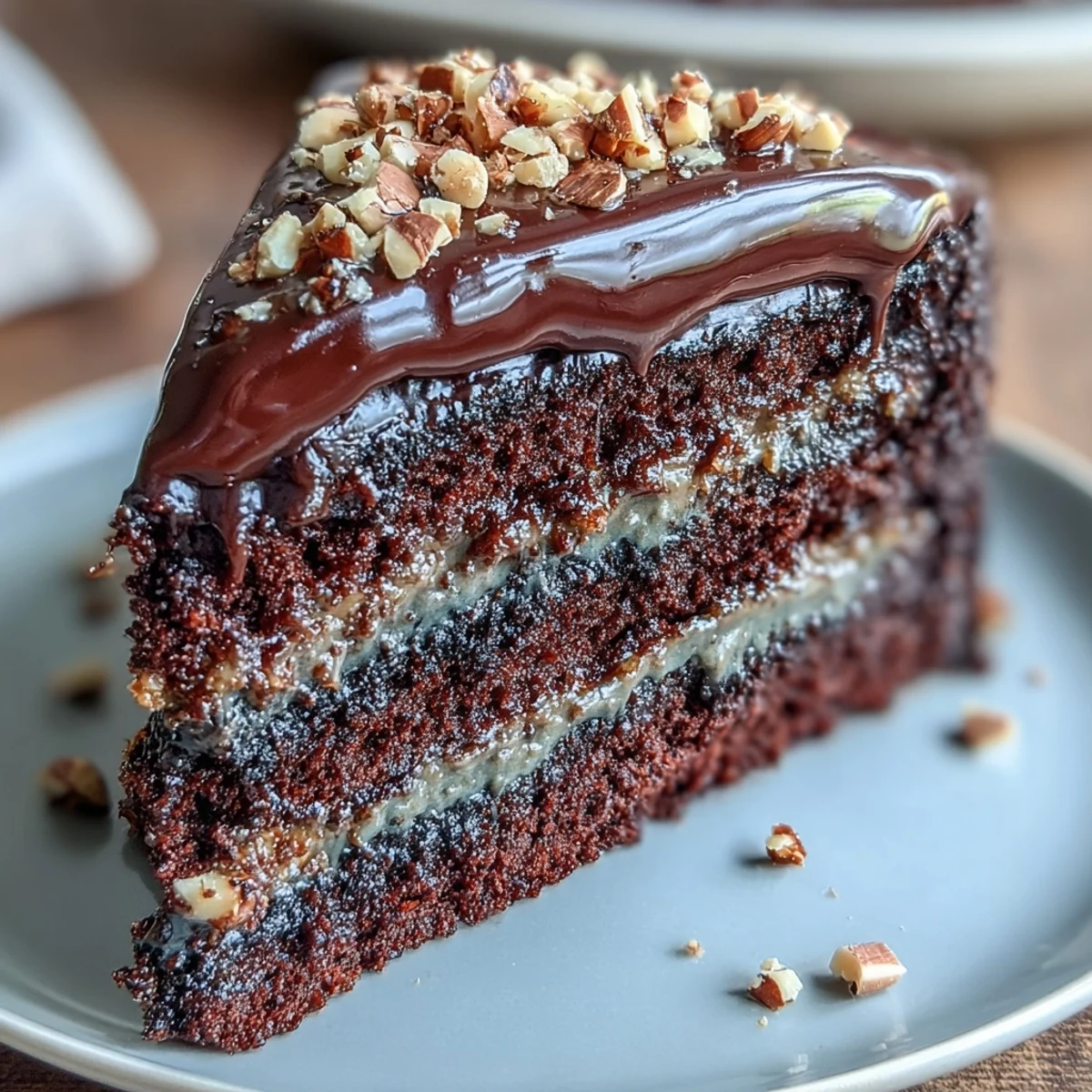Golden layers of rich chocolate ganache and crunchy hazelnut praline top this decadent chocolate celebration cake.