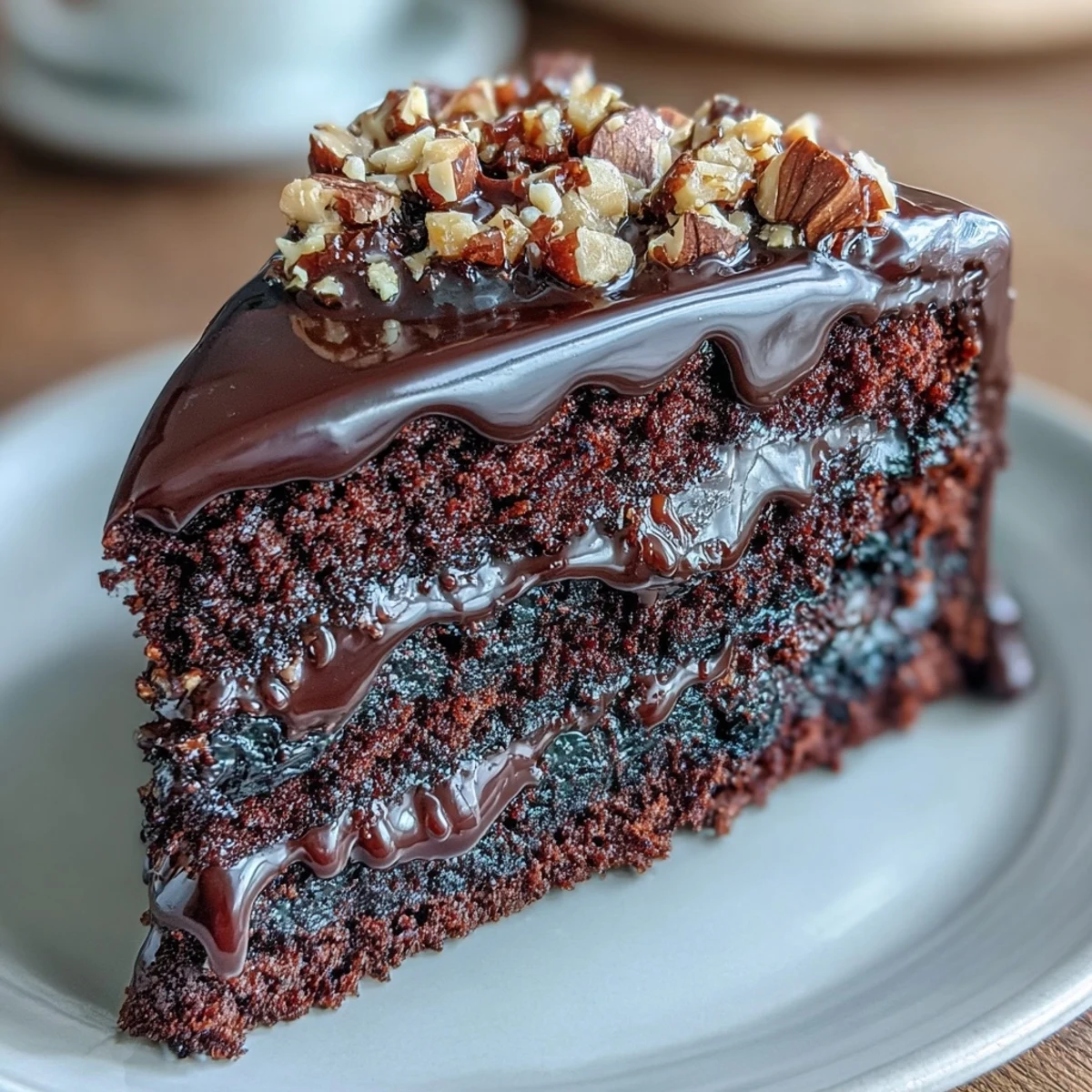 Moist, deeply chocolatey layers of chocolate celebration cake adorned with glossy ganache and caramel hazelnut praline.