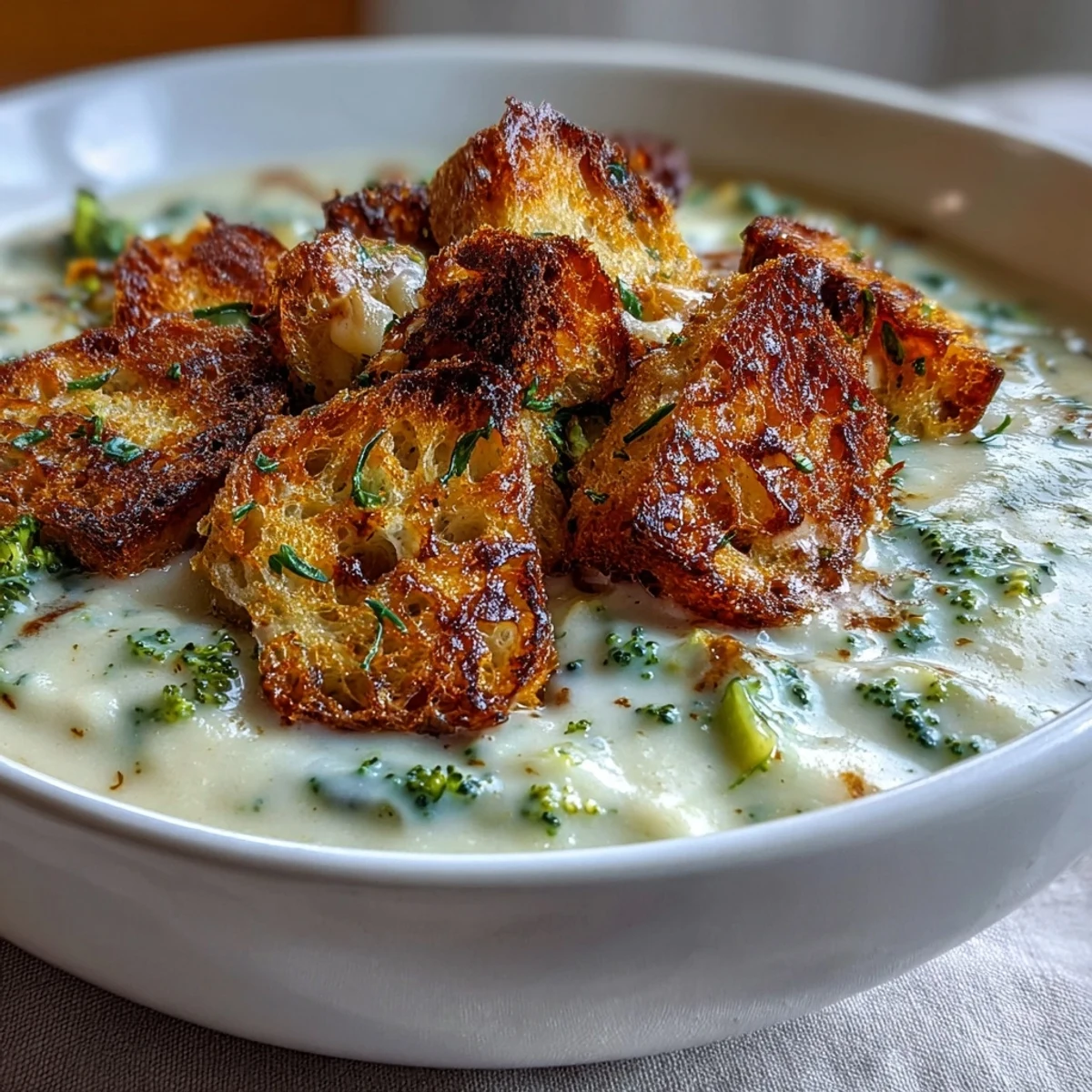 Creamy blended cauliflower and broccoli soup topped with golden homemade croutons, served in a rustic bowl.