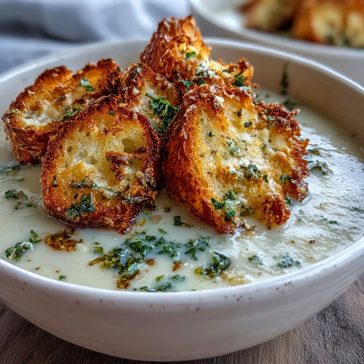 A warm, blended cauliflower and broccoli soup garnished with crunchy croutons, perfect for cozy dinners.