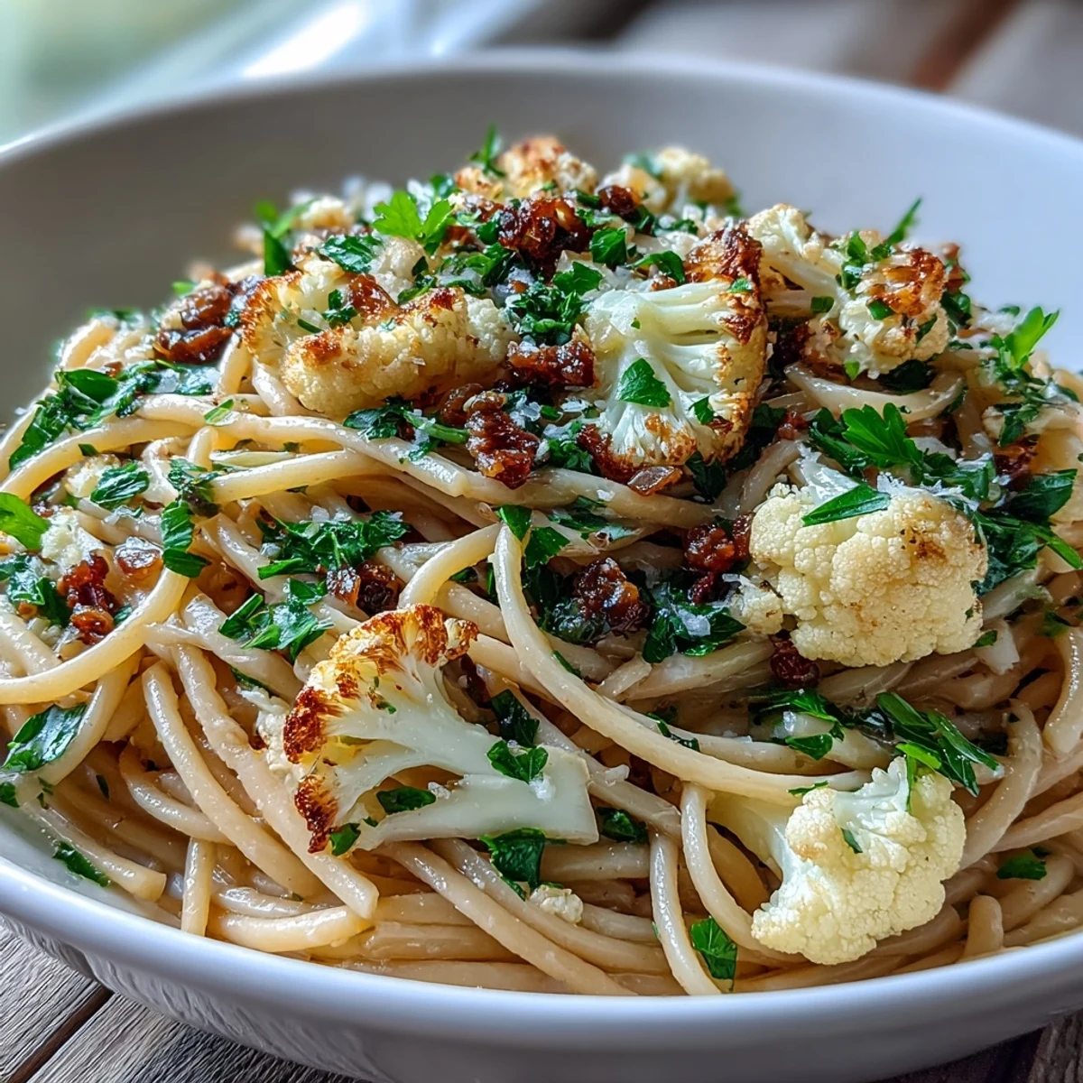 Roasted cauliflower florets tossed in spaghetti with savory anchovies and sweet raisins.