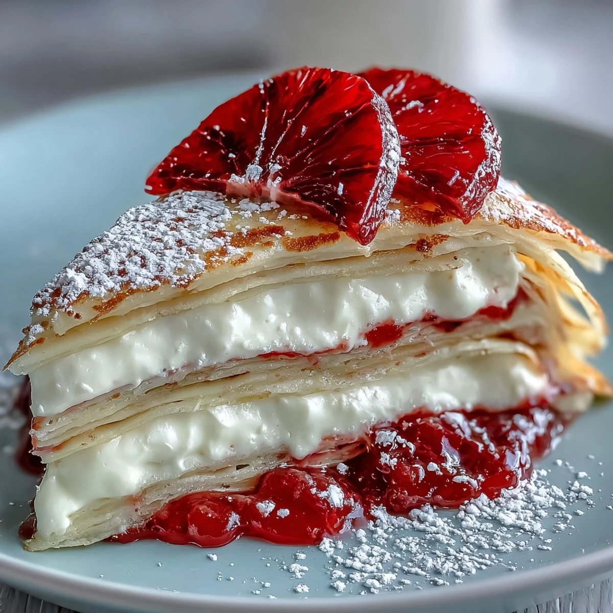 Stacked crêpes layered with blood orange curd and whipped cream are topped with fresh orange slices and edible flowers.