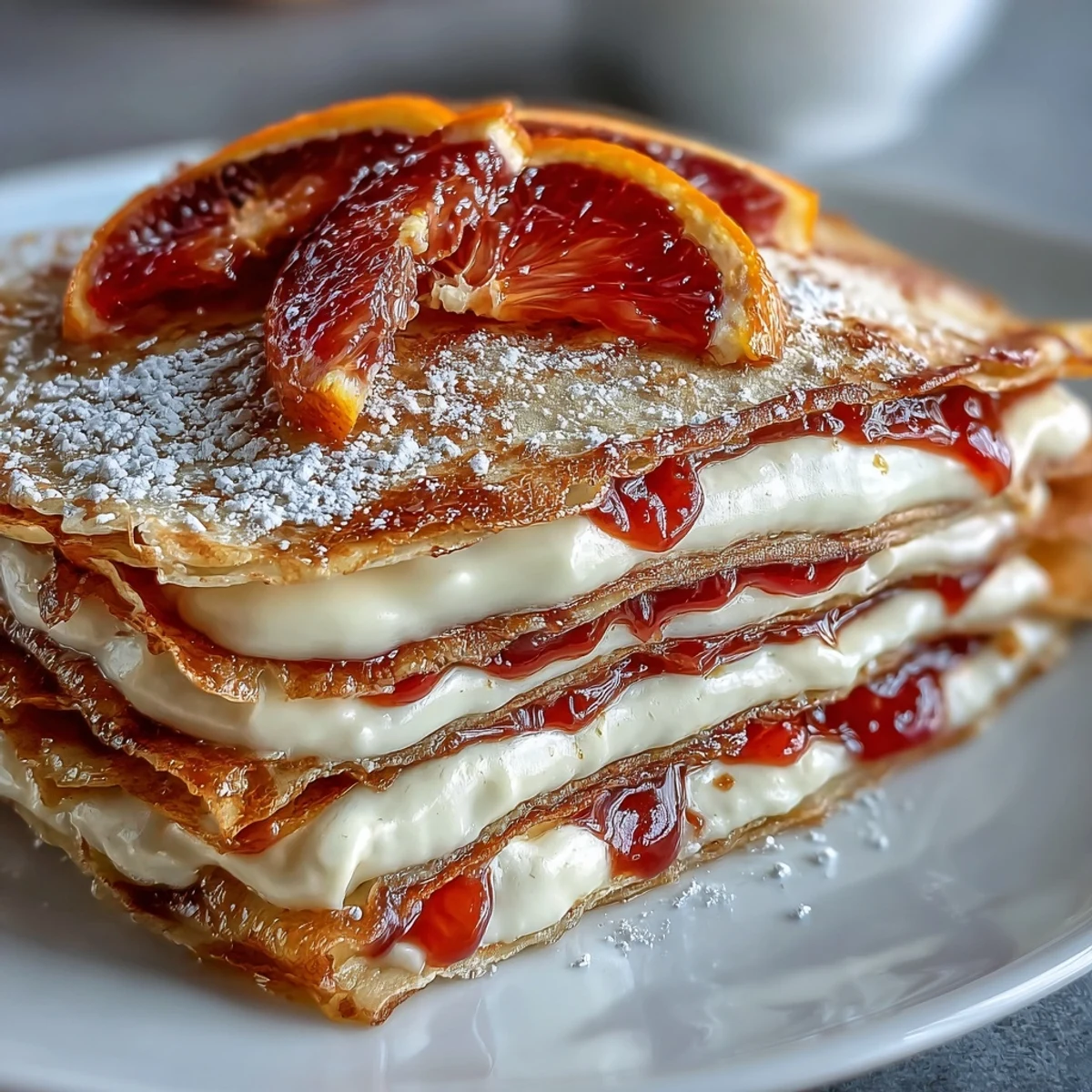 Golden brown crêpes and vibrant blood orange curd create a stunning, light-reflected dessert perfect for spring gatherings.