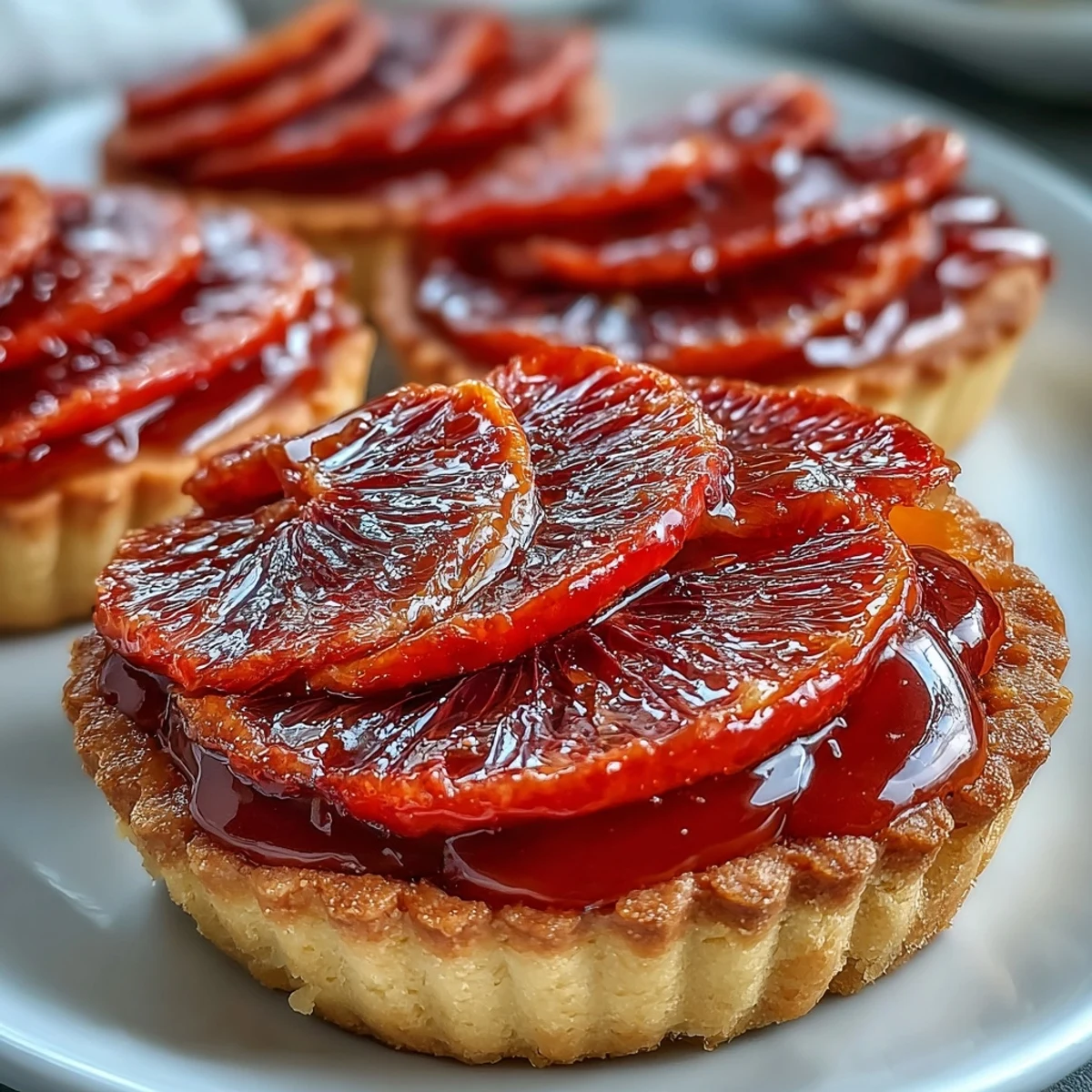 Golden Blood Orange Tarts with silky vanilla custard and glistening blood orange segments, arranged on a white marble background.
