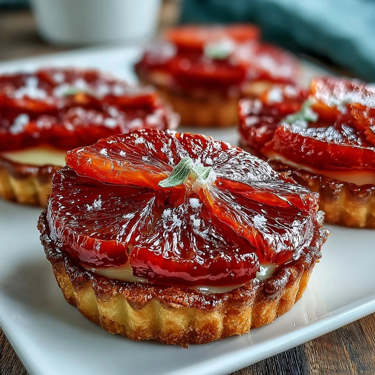 Six individual Blood Orange Tarts featuring crisp pastry shells and vibrant, tangy citrus slices, ready to serve at a dessert table.