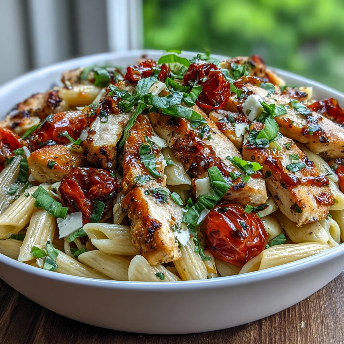 Golden-seared chicken and al dente penne tossed with mozzarella and basil in a Bruschetta Chicken Pasta dish.