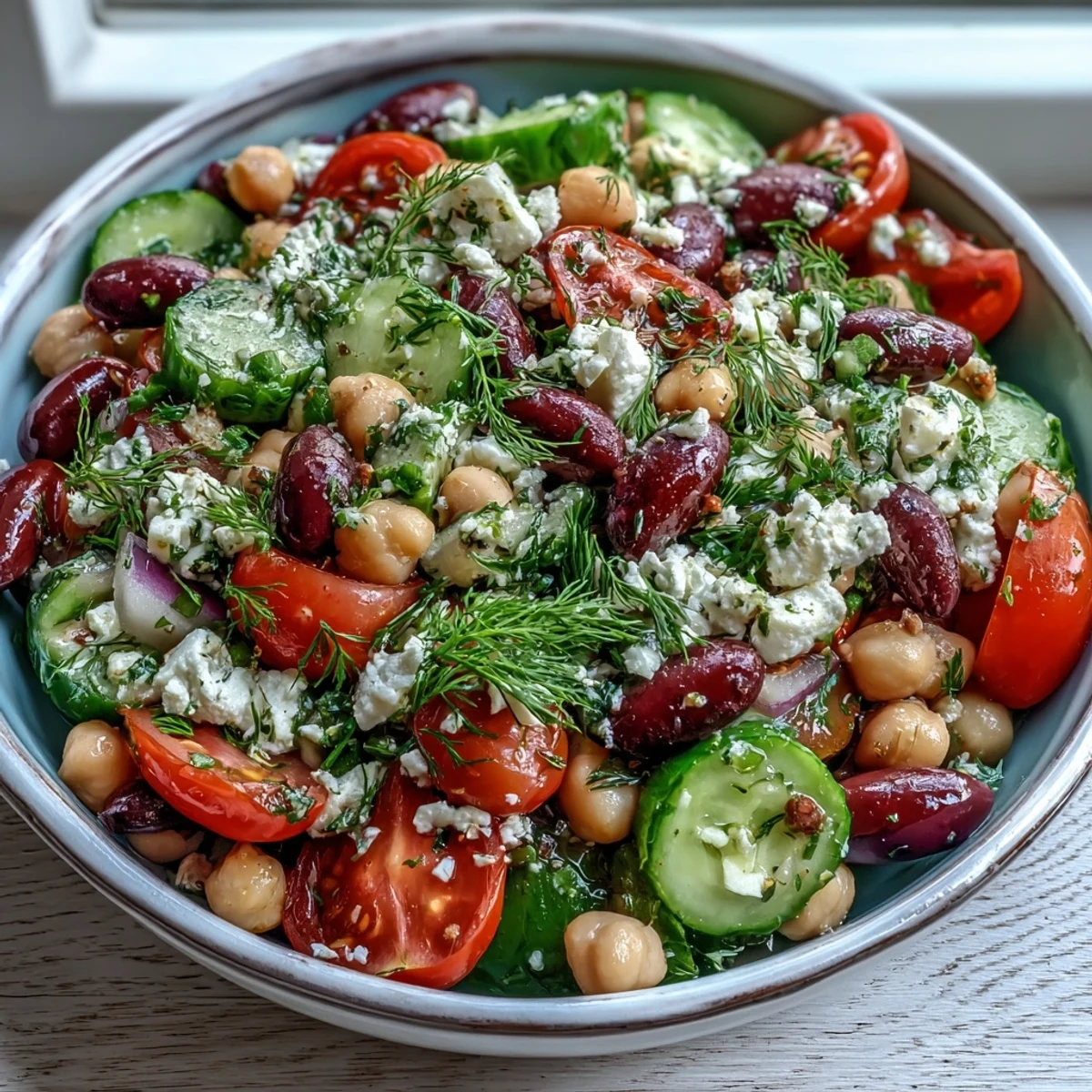 Forkful of Greek Bean Salad with Lemon Marinated Beans showcases bright feta, olives, and crisp veggies in a white bowl.