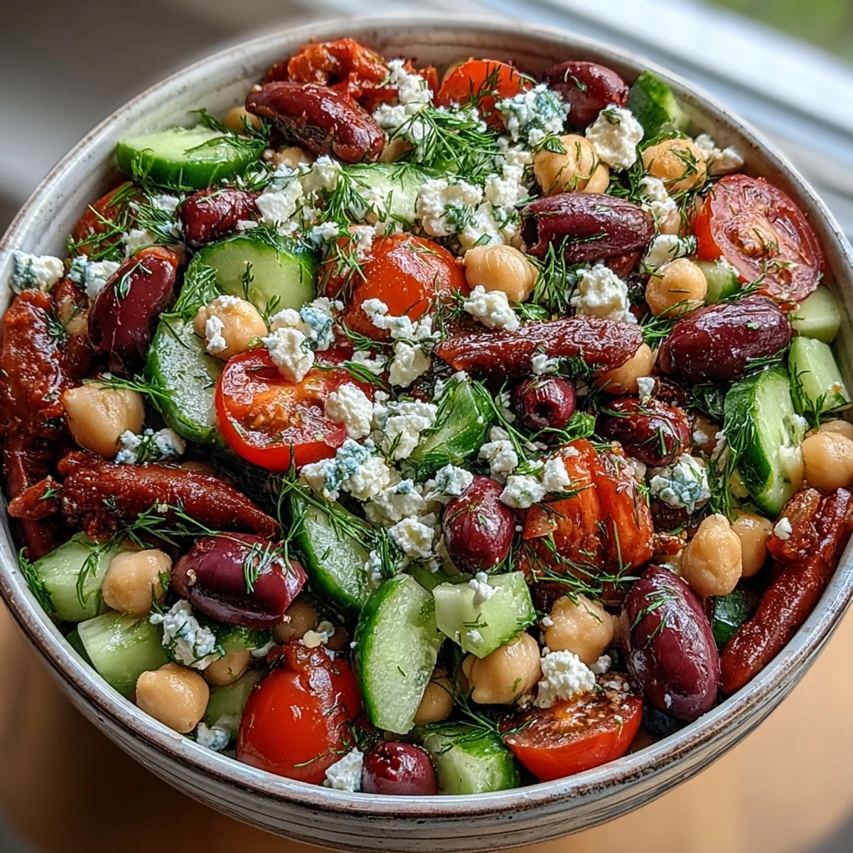 Close-up of Greek Bean Salad with Lemon Marinated Beans features chunky beans, juicy tomatoes, and fresh herbs on a rustic table.