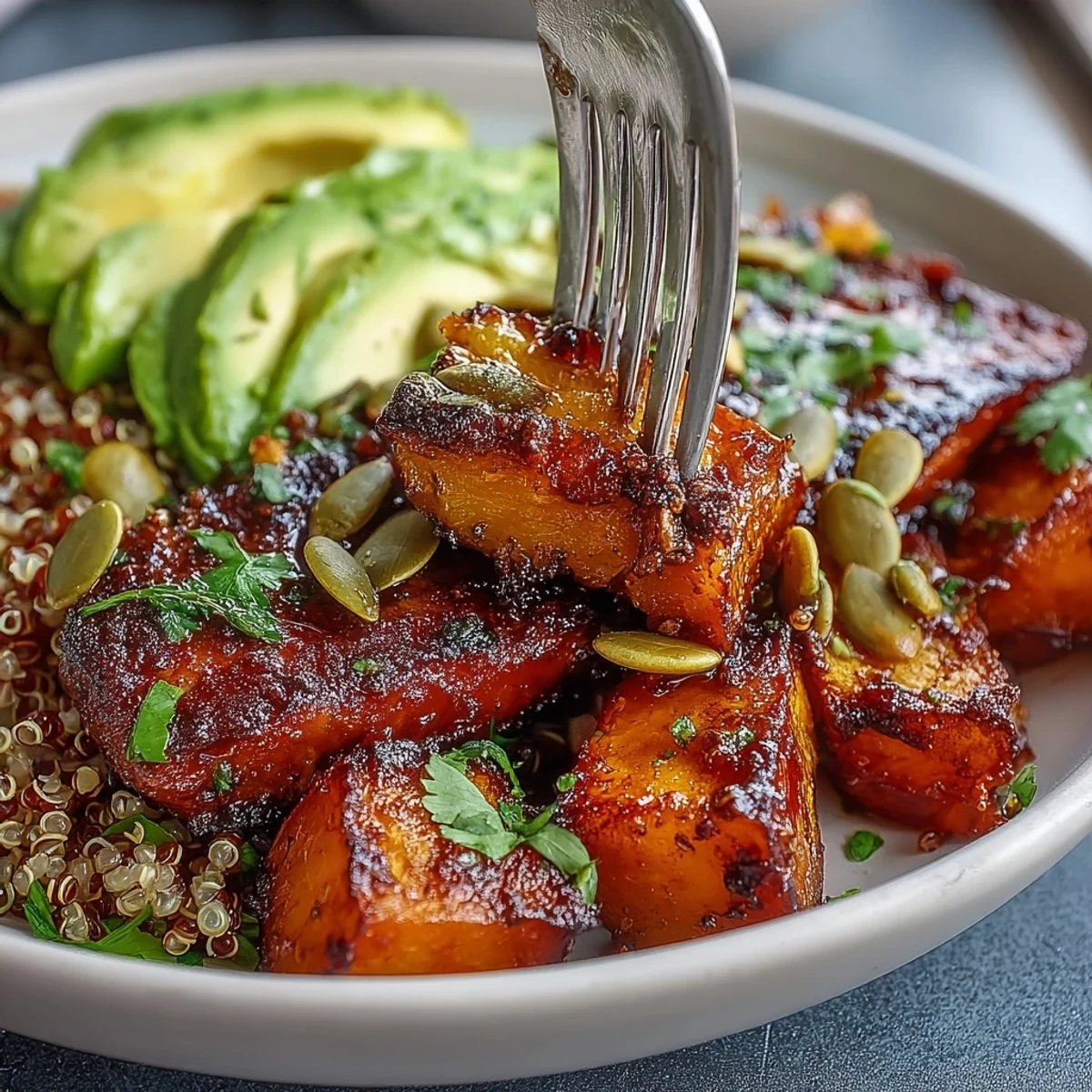A close-up shows smoky steak, vibrant greens, and lime-cilantro dressing drizzled over roasted squash cubes.