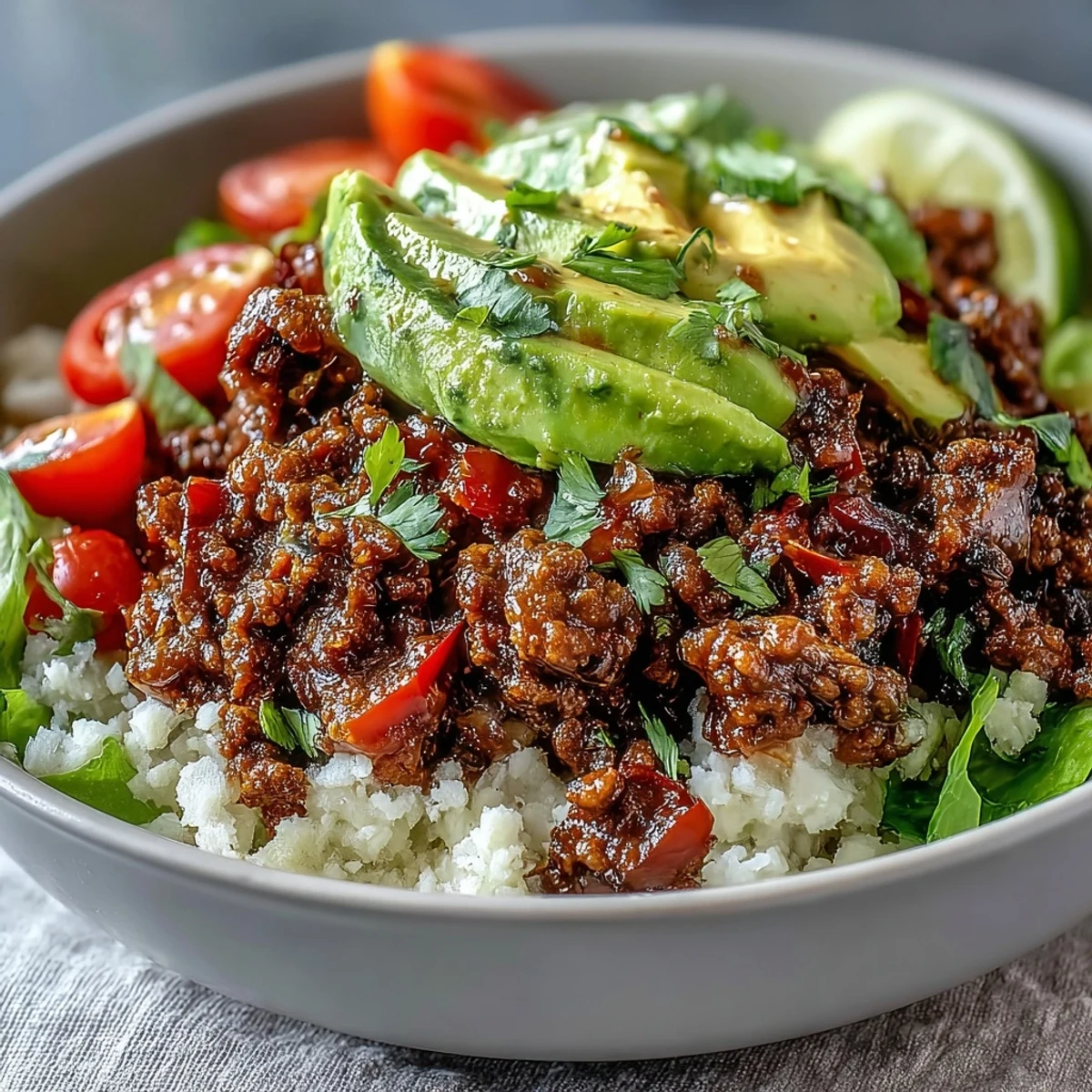 Seasoned ground beef and cauliflower rice create a colorful Low Carb Burrito Bowl with fresh avocado and tomatoes.