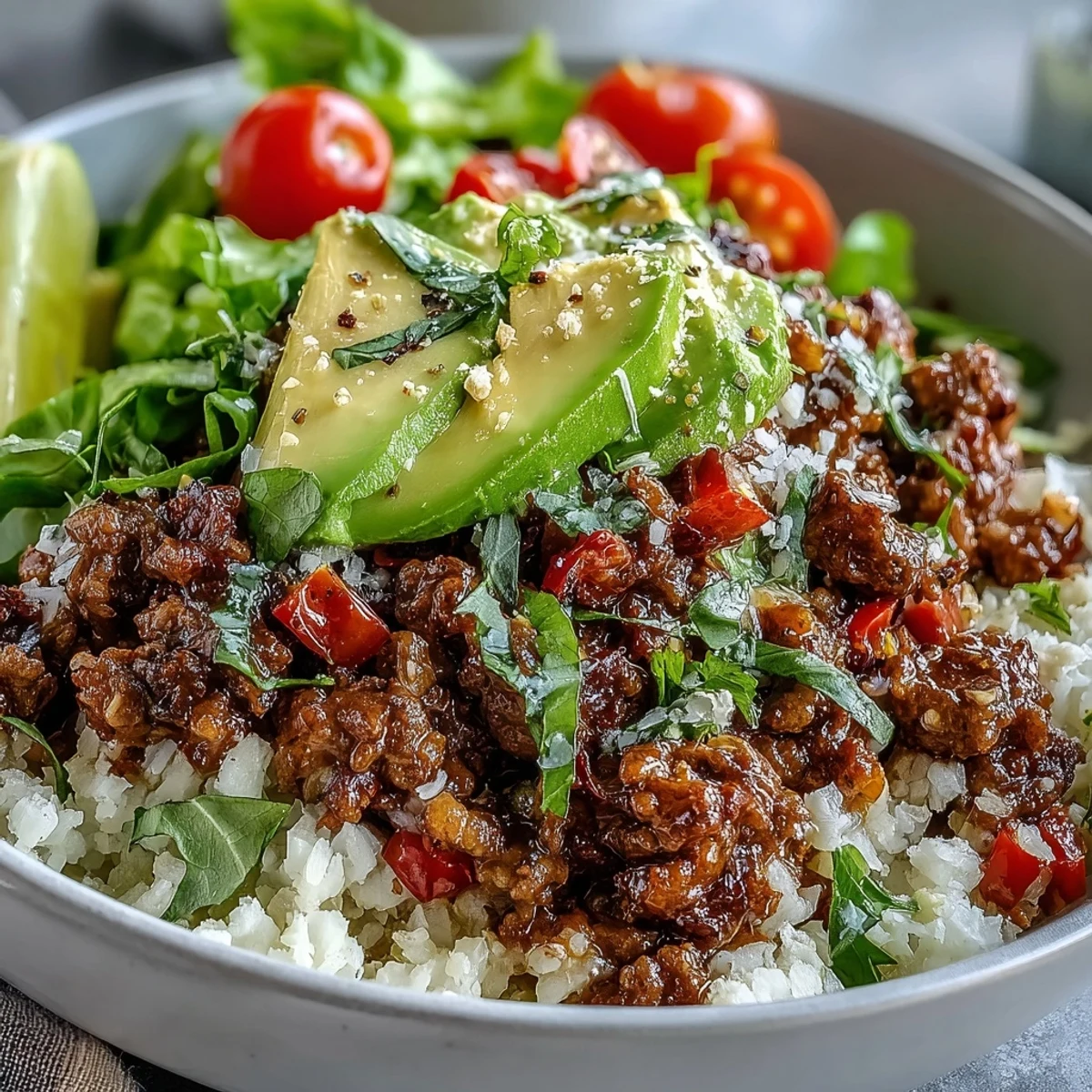 Bright lime wedges and cheddar cheese garnish this Low Carb Burrito Bowl for a low-carb, gluten-free dinner.