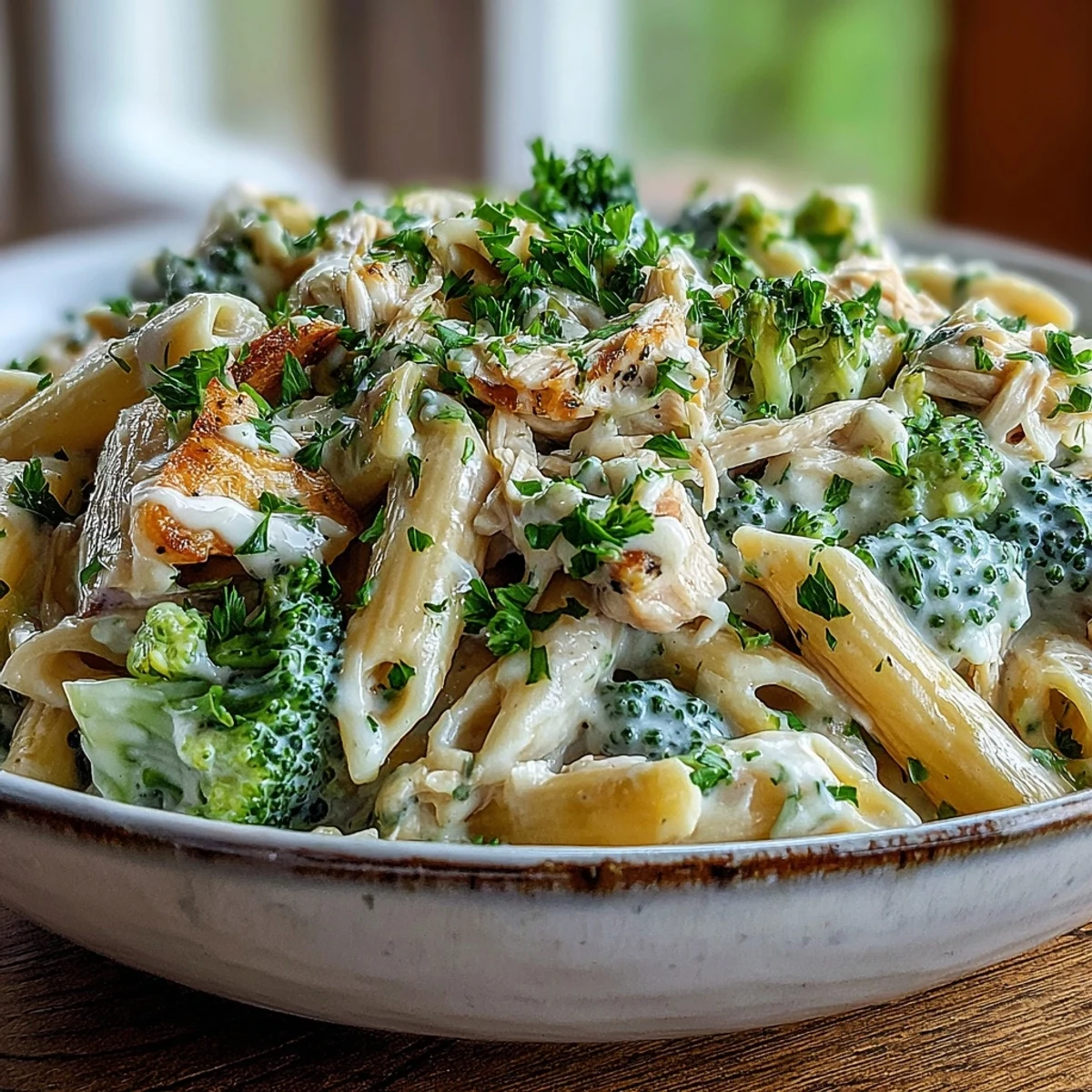Creamy High Protein Rotisserie Chicken Broccoli Pasta in a skillet, garnished with fresh parsley and extra Parmesan.