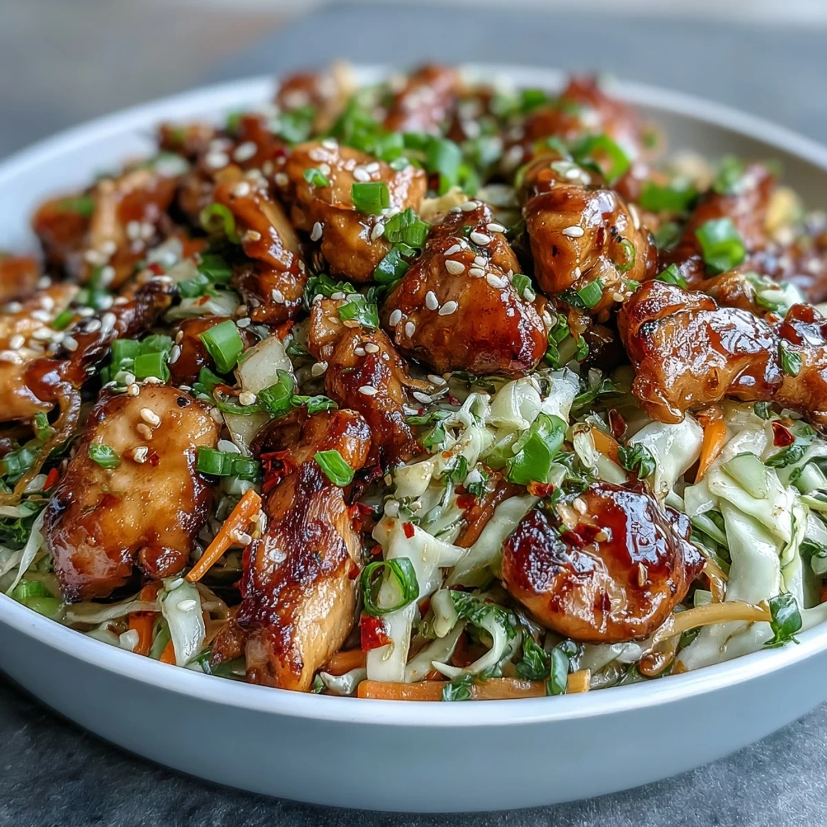 Tender chicken and crisp cabbage in Egg Roll Bowls sizzling in a wok with aromatics.