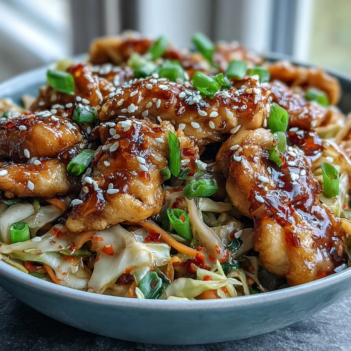 Egg Roll Bowls with Chicken and Cabbage served steaming, garnished with scallions and chili crisp.