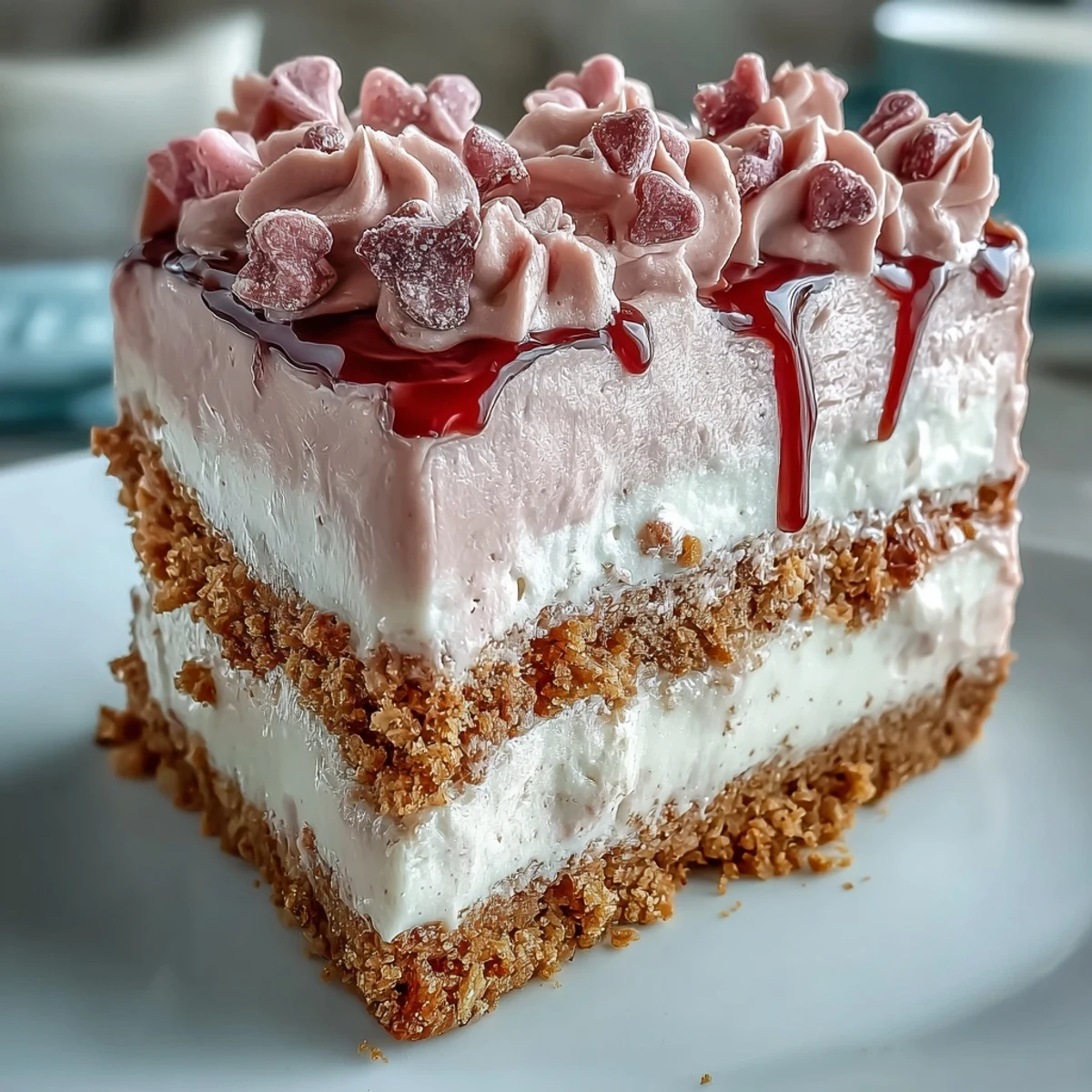 Overhead shot of a whole Candy Hearts Fake Cake topped with pink whipped frosting and rainbow sprinkles.