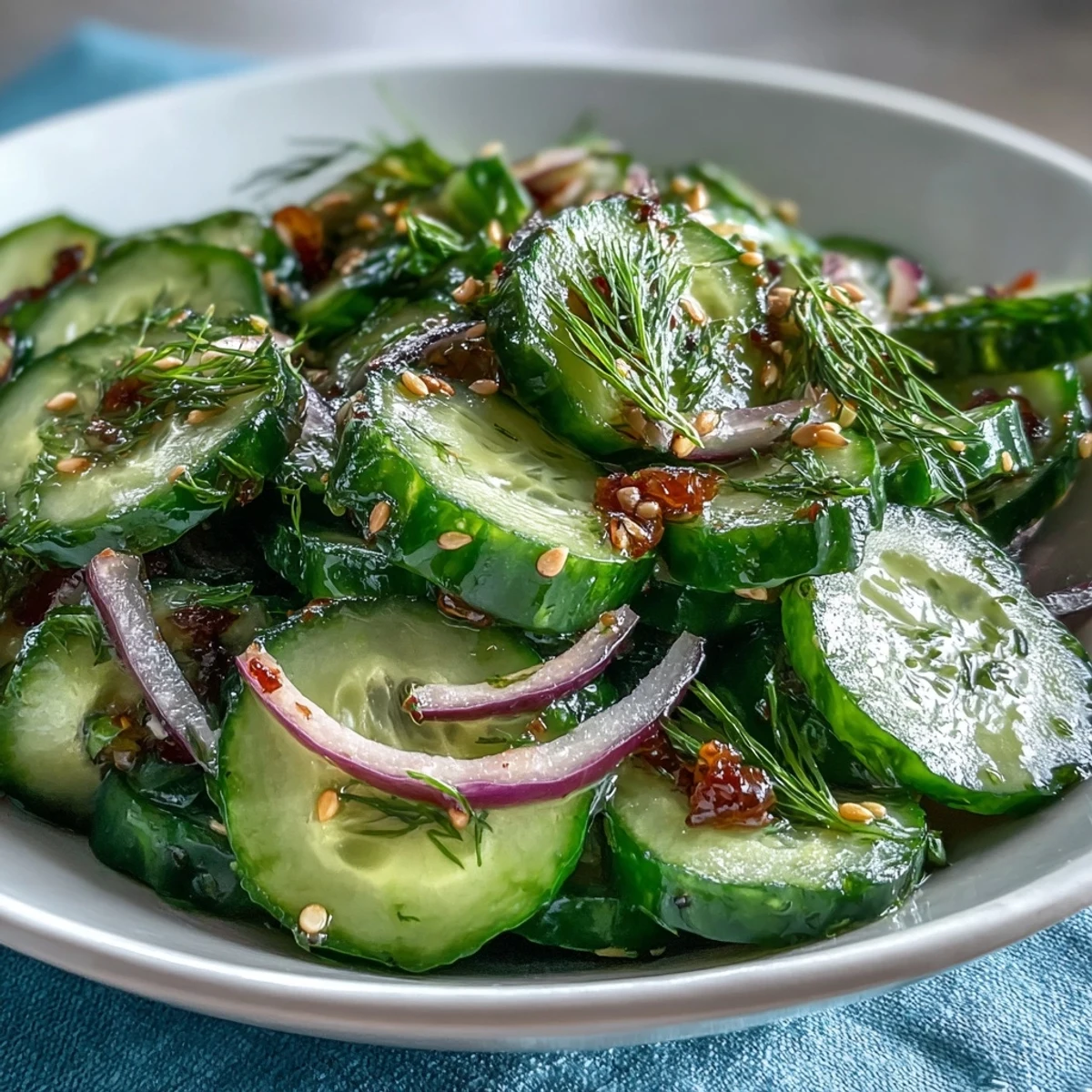 A chilled bowl of Refreshing Crunchy Cucumber Salad with fresh dill and sesame seeds, perfect for warm days.
