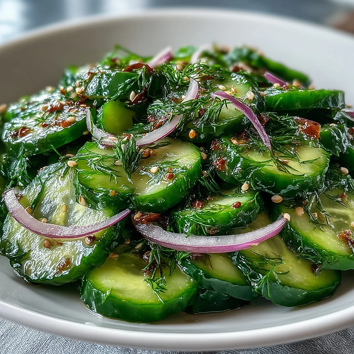 Serve this Refreshing Crunchy Cucumber Salad alongside grilled chicken or fish for a light, crunchy summer meal.