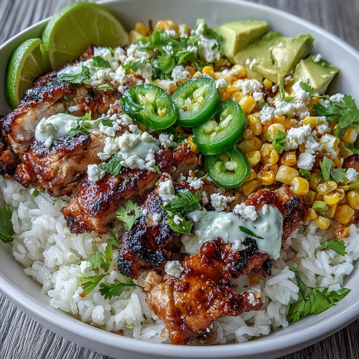 Bright citrus-marinated chicken thighs and charred corn top fluffy rice in this Street Corn Chicken and Rice Bowls garnished with creamy crema and crumbled cotija.