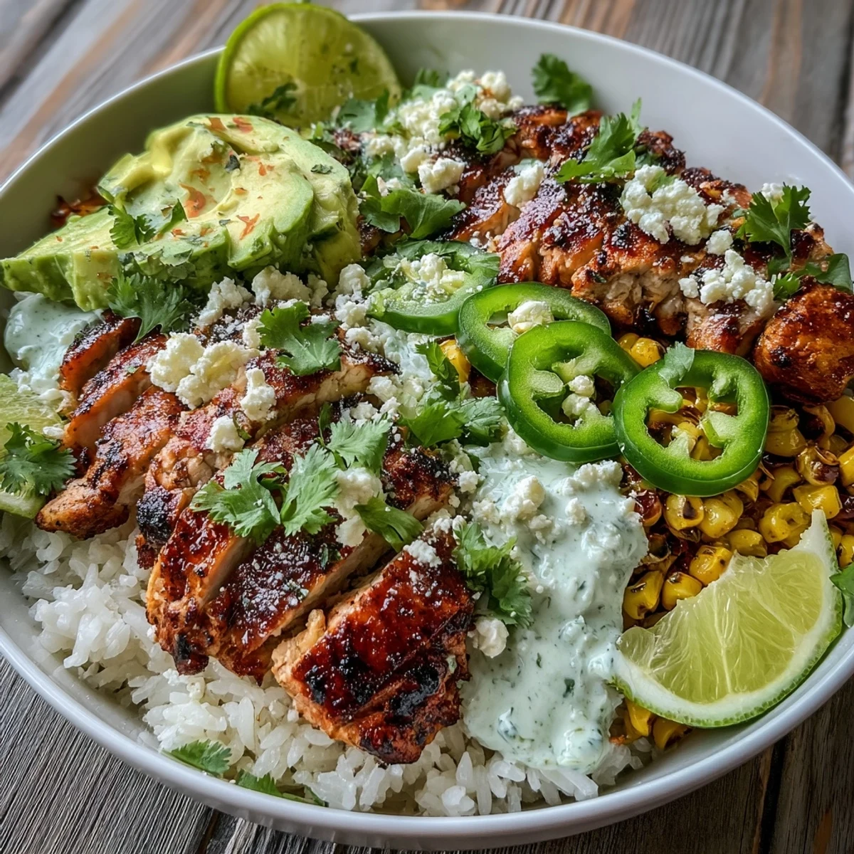 Street Corn Chicken and Rice Bowls served with warm fluffy rice, juicy citrus-marinated chicken, charred corn, and lime crema topped with crumbled cotija cheese.