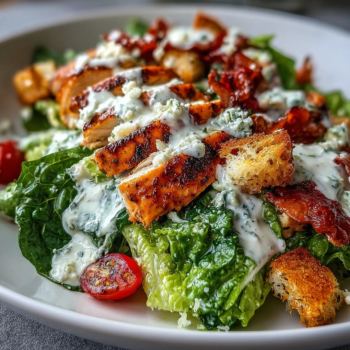 Hearty Romaine Caesar Bowl with optional chickpeas, cherry tomatoes, and zesty homemade dressing.