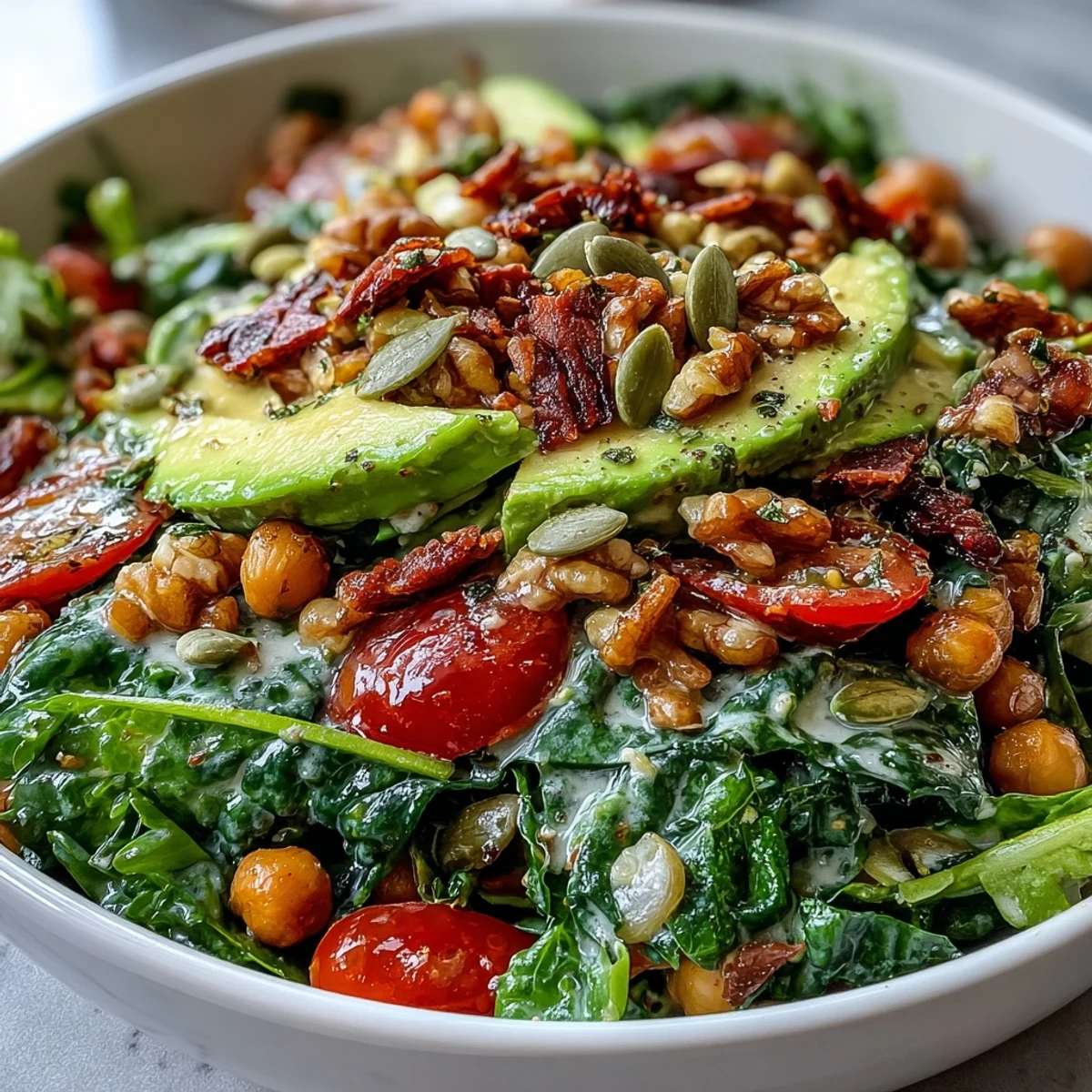 Colorful Mixed Greens Power Bowl topped with sliced avocado, pumpkin seeds, and a drizzled lemon vinaigrette.