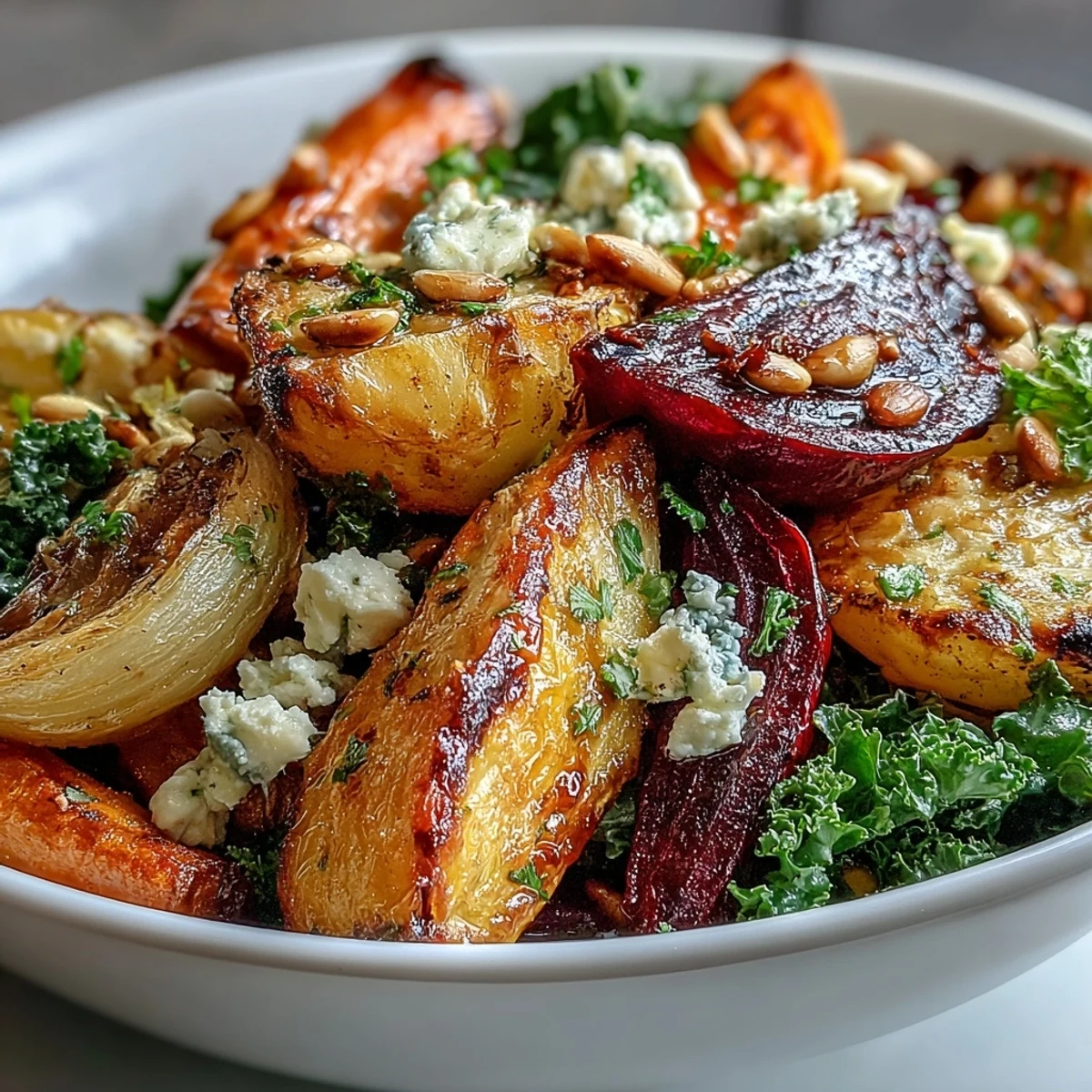 Roasted carrots and beets in a Winter Root Vegetable Bowl with kale and warm tangy dressing.