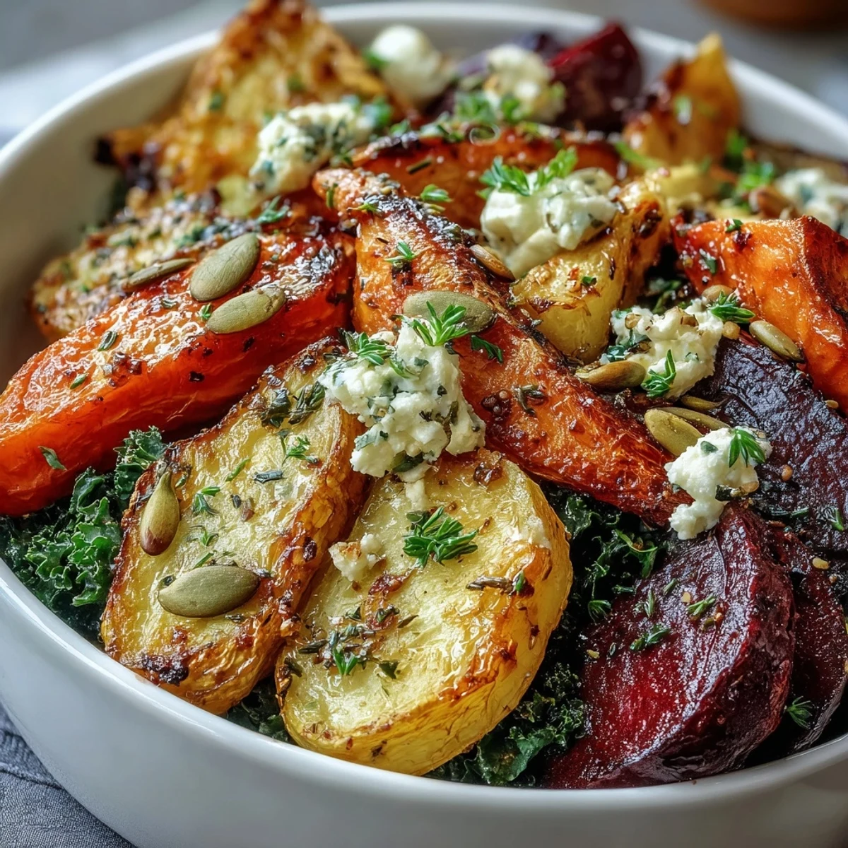 Colorful glazed root vegetables and feta garnish a cozy Winter Root Vegetable Bowl over kale.