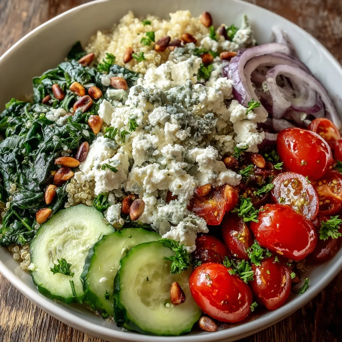 Freshly sautéed spinach and crumbled feta cheese top a vibrant medley of grains and diced vegetables in this wholesome bowl.