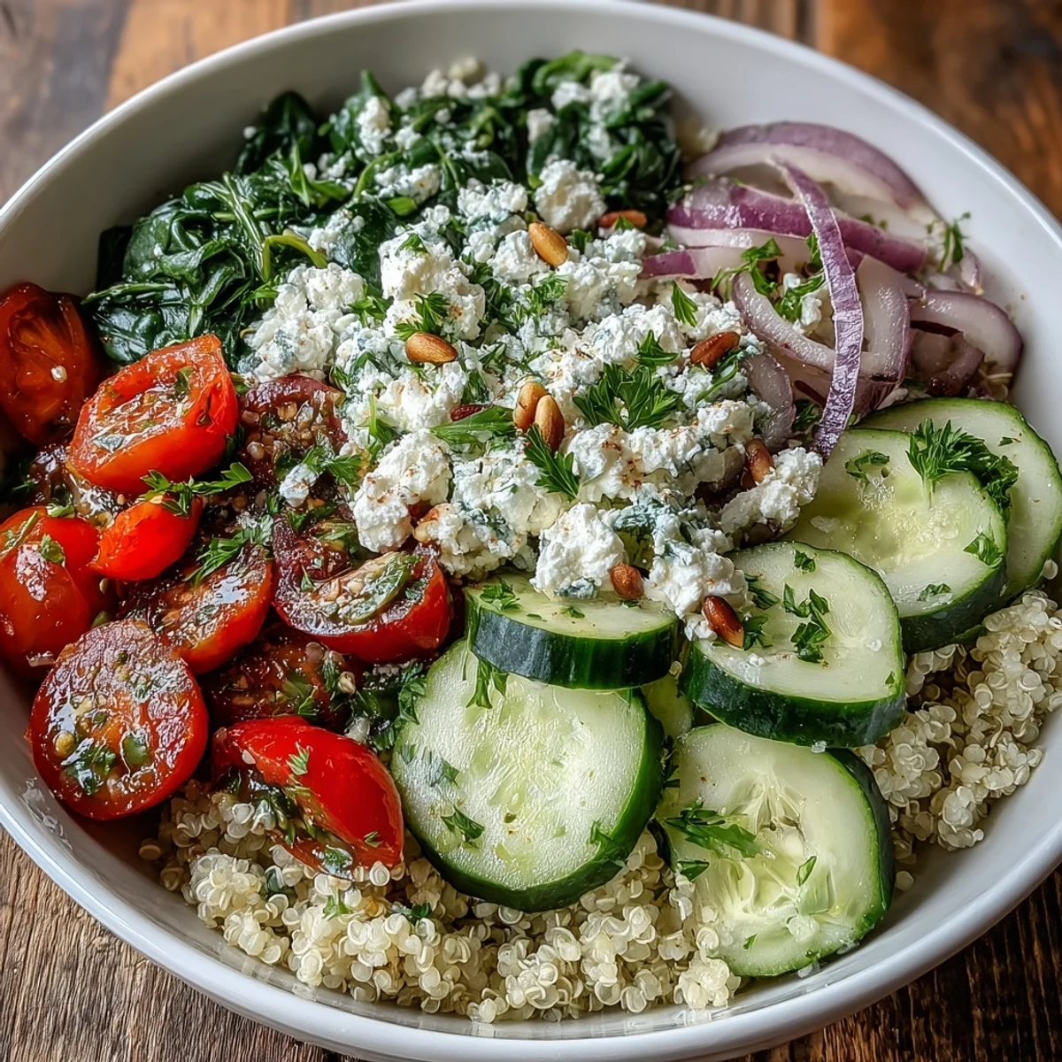 Serving suggestion for the Mediterranean Spinach and Feta Grain Bowl with cherry tomatoes, cucumber, and a bright lemon dressing.