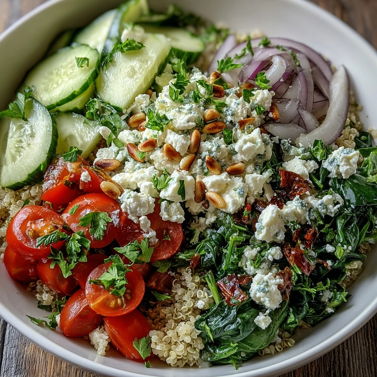 A close-up view of the nutritious Spinach and Feta Grain Bowl featuring red bell pepper and toasted pine nuts.