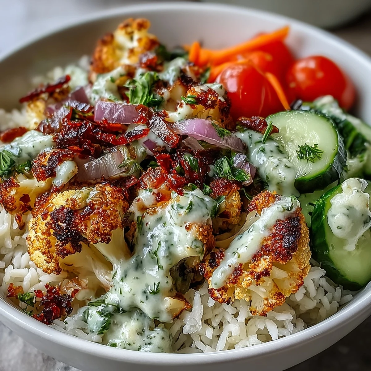 Roasted Cauliflower Bowl with golden florets, fresh veggies, and drizzled tahini sauce over rice.