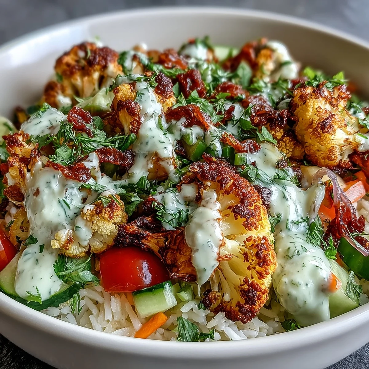 A close-up of a healthy Roasted Cauliflower Bowl, featuring colorful vegetables and fluffy basmati rice.
