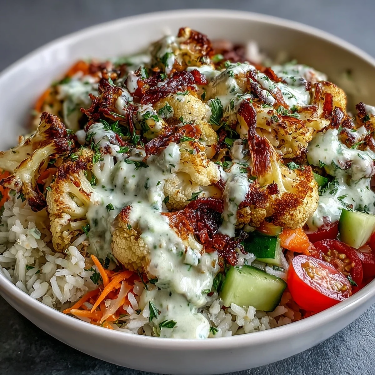 Savory Roasted Cauliflower Bowl served as a complete vegetarian meal, garnished with herbs and zesty tahini.