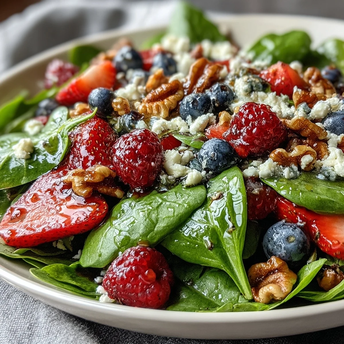Fresh baby spinach and mixed berries with crumbled goat cheese, chopped walnuts, and balsamic vinaigrette, ready for a light lunch.