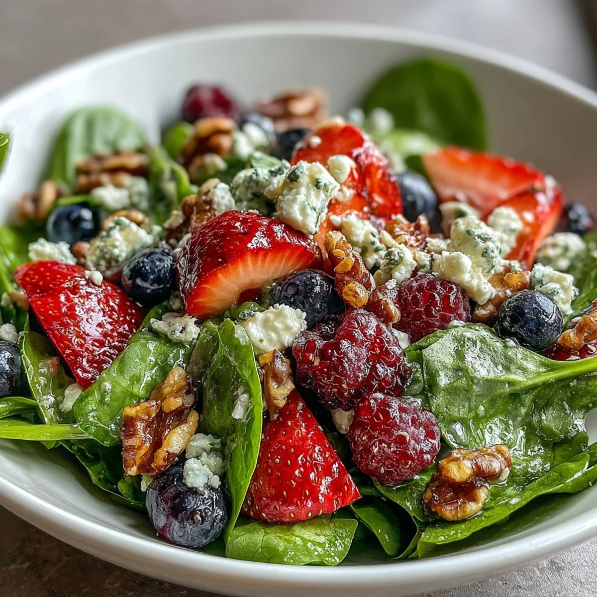 Bright baby spinach and fresh mixed berries are tossed with creamy goat cheese, toasted walnuts, and a tangy balsa-mint vinaigrette.