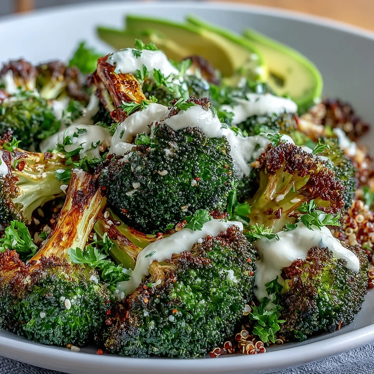 Golden crispy roasted broccoli and red onion over fluffy quinoa, drizzled with creamy tahini sauce in a bowl.