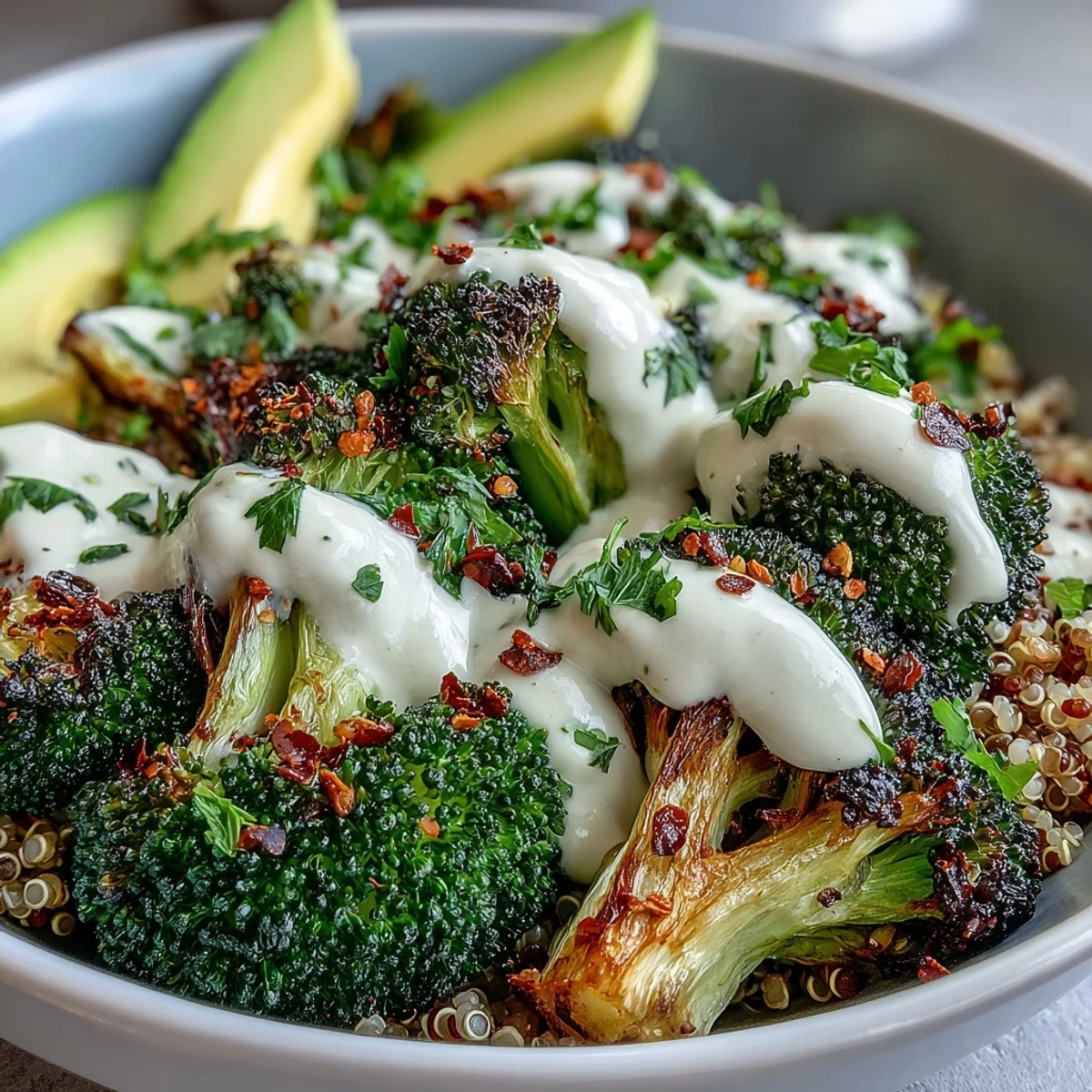 Green roasted broccoli bowl topped with avocado slices, parsley, and sesame seeds, ready for a healthy vegan lunch.
