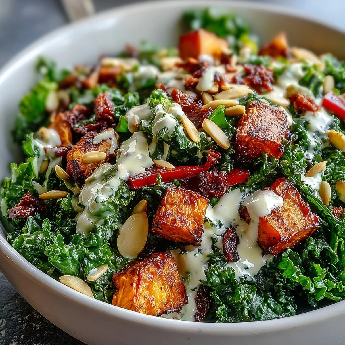 Freshly roasted sweet potato and red peppers on a warm Kale Salad Bowl, finished with creamy tahini dressing.