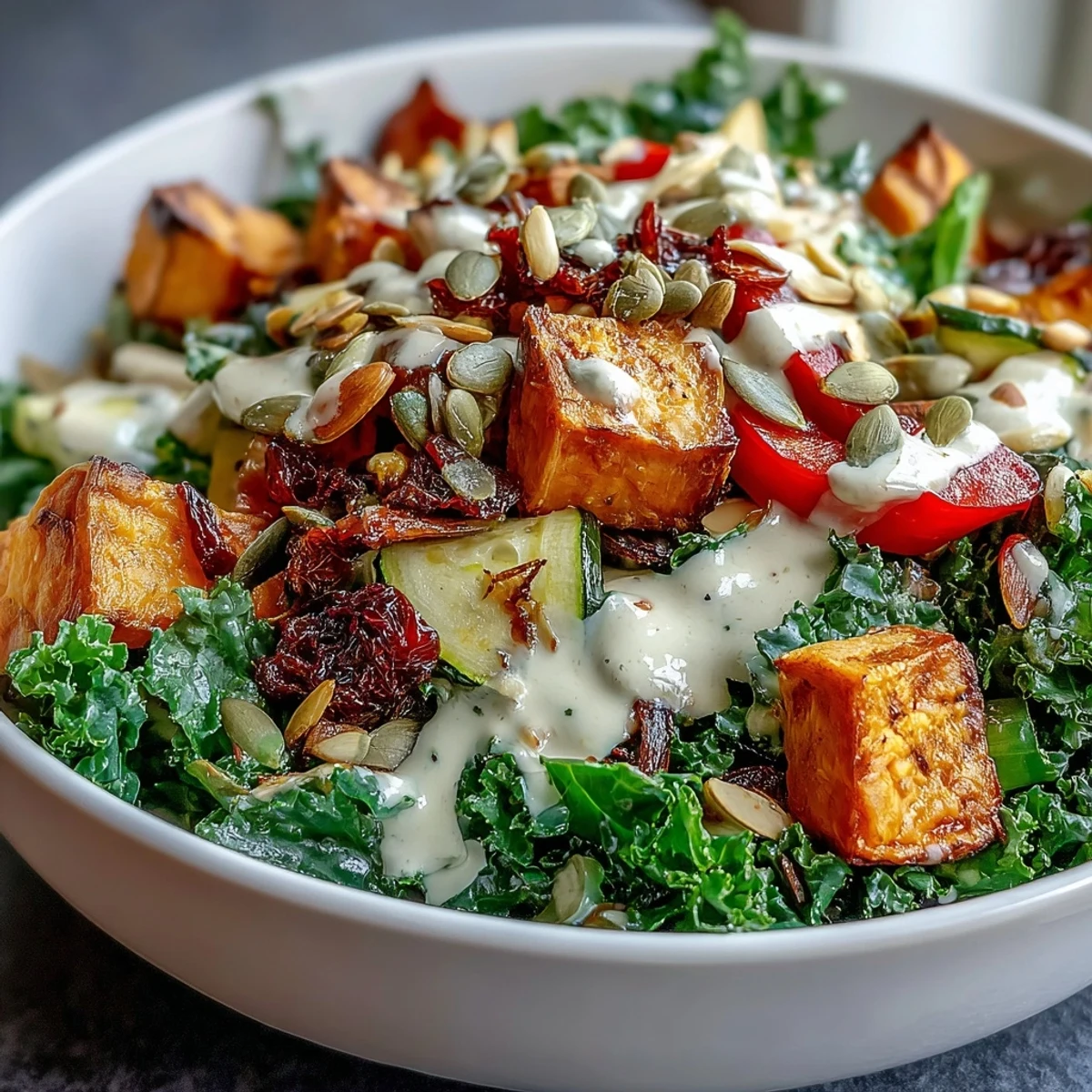 Massaged kale base in a Kale Salad Bowl, tossed with zucchini, red onion, and a zesty lemon-tahini drizzle.