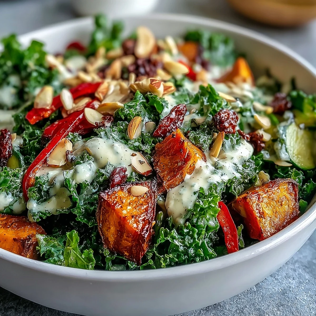 Colorful, nourishing Kale Salad Bowl topped with crunchy almonds, pumpkin seeds, and bright cherry tomatoes.